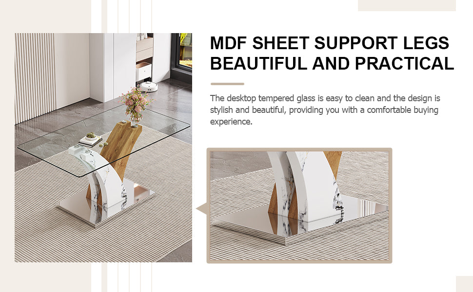 Table And Chair Set.Modern Dining Table, Tempered Glass Countertop With Artistic Mdf Legs.Paried With 6 Comfortable Chairs With Pu Seats And Metal Legs. Suitable For Various Decoration Styles. Black,Transparent Seats 6 Mdf Glass