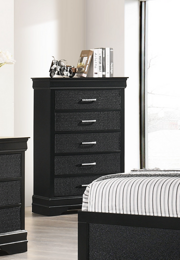 5 Drawer Tall Chest Modern 1Pc Black Finish Solid Wood Wooden Crocodile Texture Crystal Tufted Handle Bedroom Home Furniture Black Bedroom Modern Wood