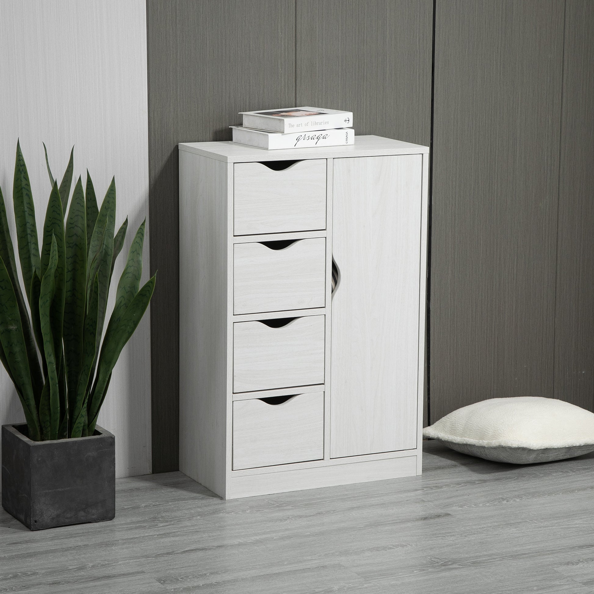 Homcom Freestanding Storage Cabinet, Bathroom Floor Cabinet With 4 Drawers And Door, White Wood Grain White Engineered Wood