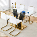 Table And Chair Set. A Rectangular Glass Dining Table With A 0.4 Inch Tempered Glass Tabletop And Mdf Board V Shaped Bracket, Paired With Chairs Consisting Of Pu Seat Cushions And Golden Metal Legs. White Black Seats 4 Tempered Glass