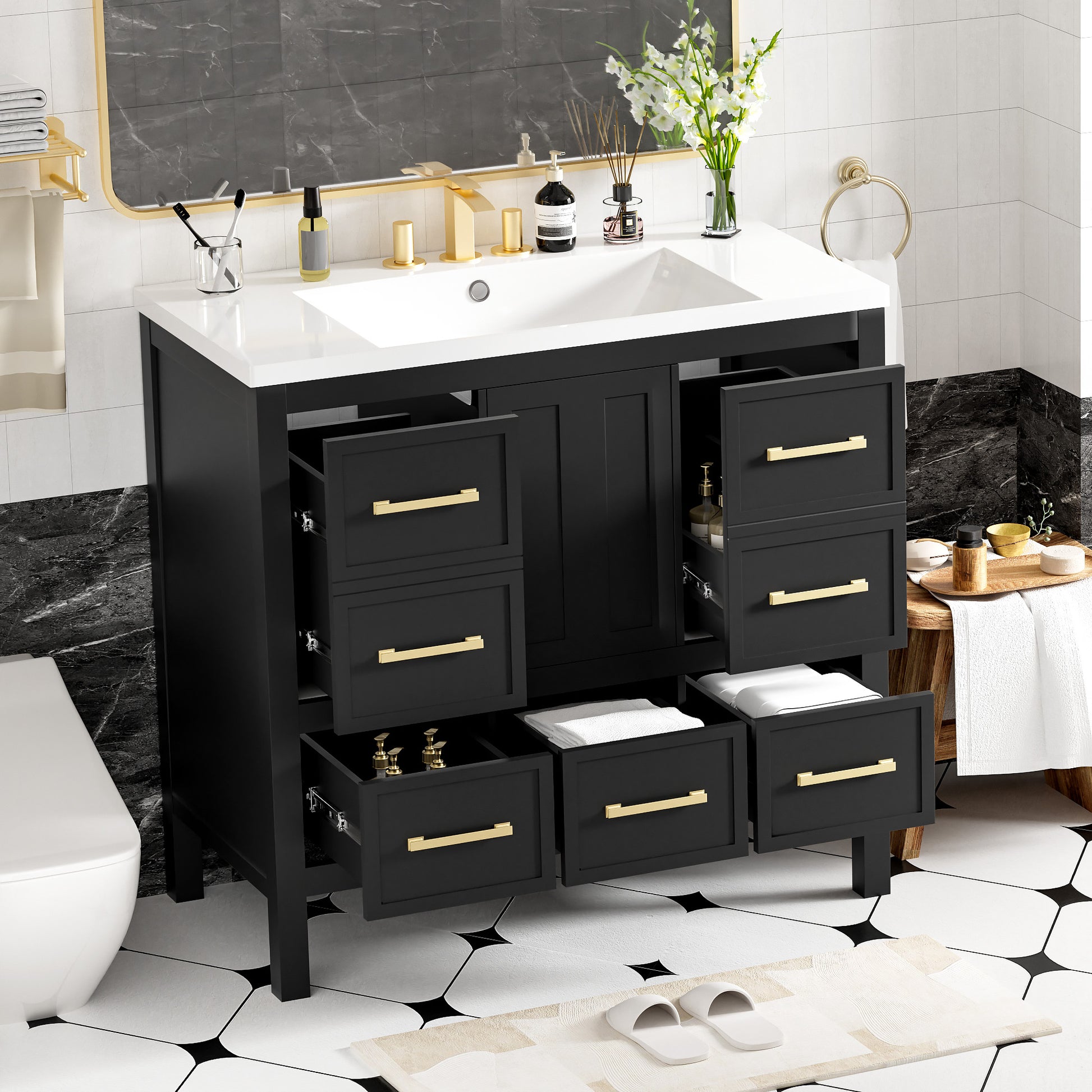 36'' Bathroom Vanity With Resin Sink Combo, Solid Wood Frame Bathroom Storage Cabinet, Freestanding Vanity Set With 5 Drawers& Soft Closing Doors Same As Sw000142Aab Black Bathroom Solid Wood Mdf Resin