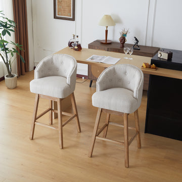 33.25" Swivel Counter Stools Set Of 2, Upholstered Counter Height Bar Stools With Solid Rubber Wood Frame, Backrest, Footrest, Armless Barstools For Home Bar, Kitchen Counter, Natural Beige