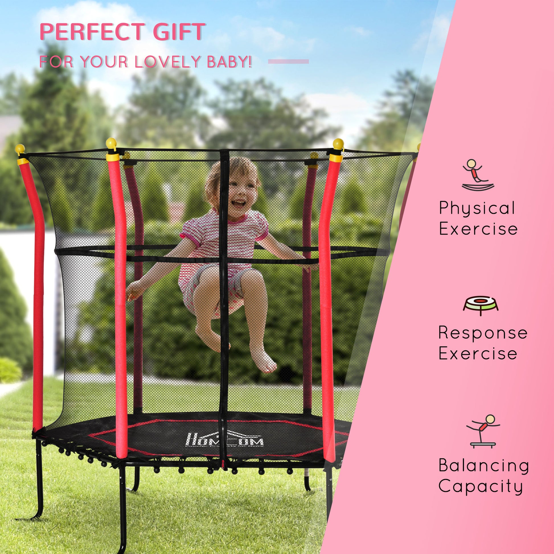 Soozier Trampoline For Kids With Net, Indoor Outdoor Toddler Trampoline With Safety Enclosure, Birthday Gift For Boys And Girls 3 10 Years, Red Red Steel