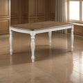 Fil 68 Inch Dining Table, Rustic Brown Rubberwood, White Turned Legs Brown White Wood Fabric