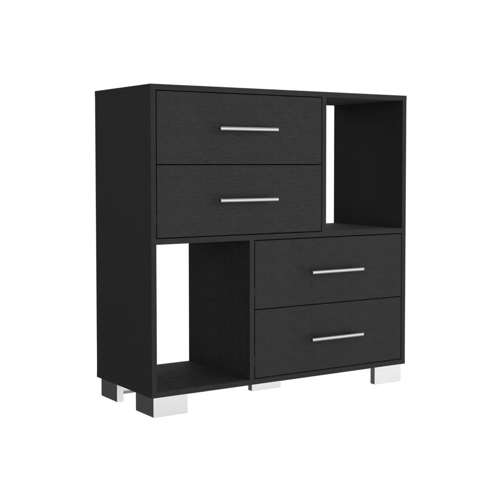 Dresser 35"Htwo Open Shelves, Four Drawers, Metal Handles, Black Black Particle Board Particle Board