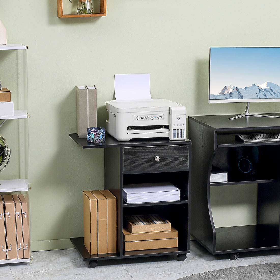 Vinsetto Printer Table Desk, Rolling Cart Stand With Wheels And Adjustable Shelf Black Particle Board