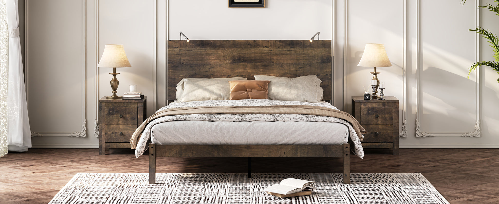 Farmhouse Wooden Platform Queen Size Bed, Modern Platform Bed With Two Bedside Lights, Antique Walnut Queen Walnut Wood