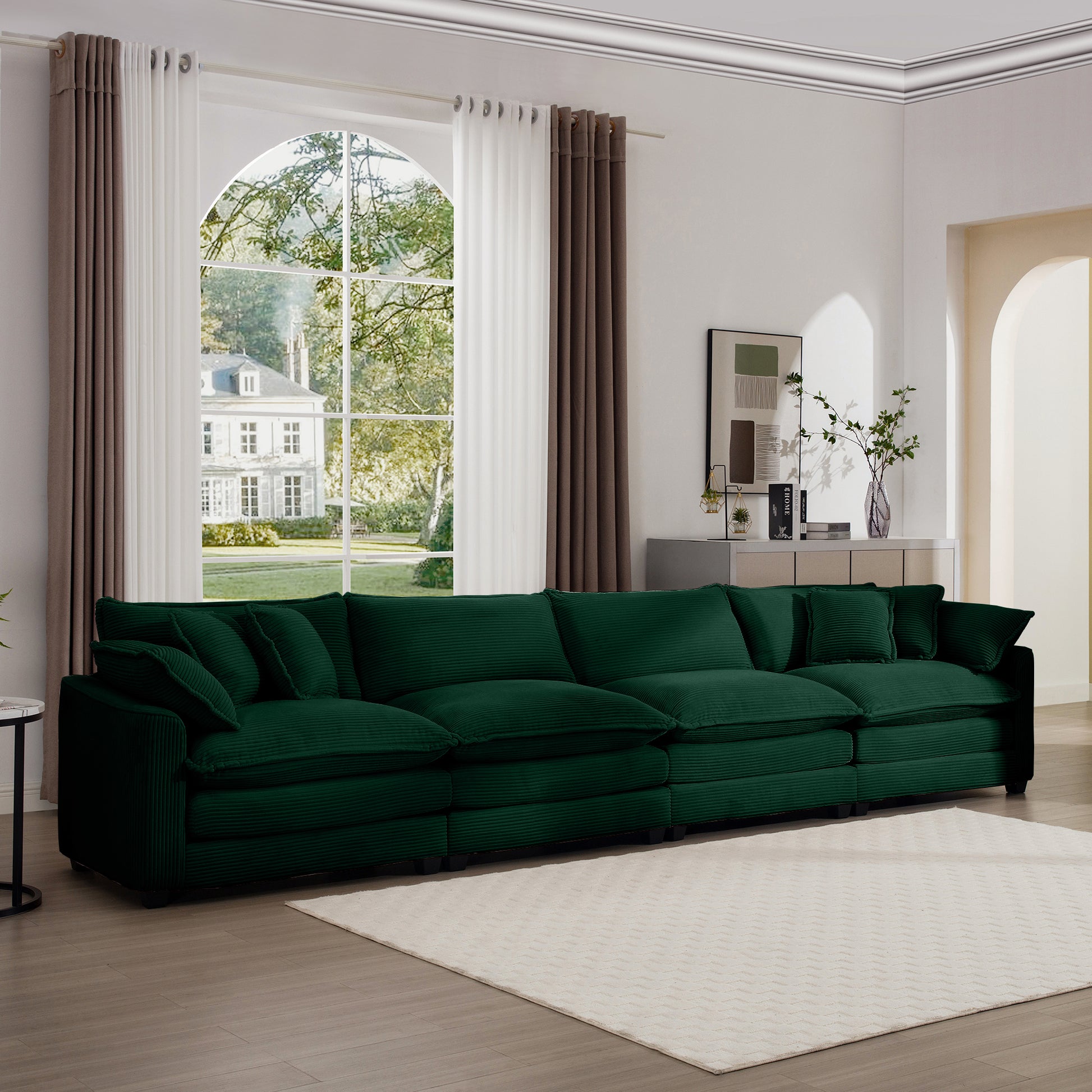 Corduroy Sofamodern Upholstered 4 Seater Corduroy Fabric Sofaoffice Living Room Apartment Comfortable Sofa, Easy To Assemble With 2 Arm Pillows And 4 Throw Pillows Green Corduroy 4 Seat