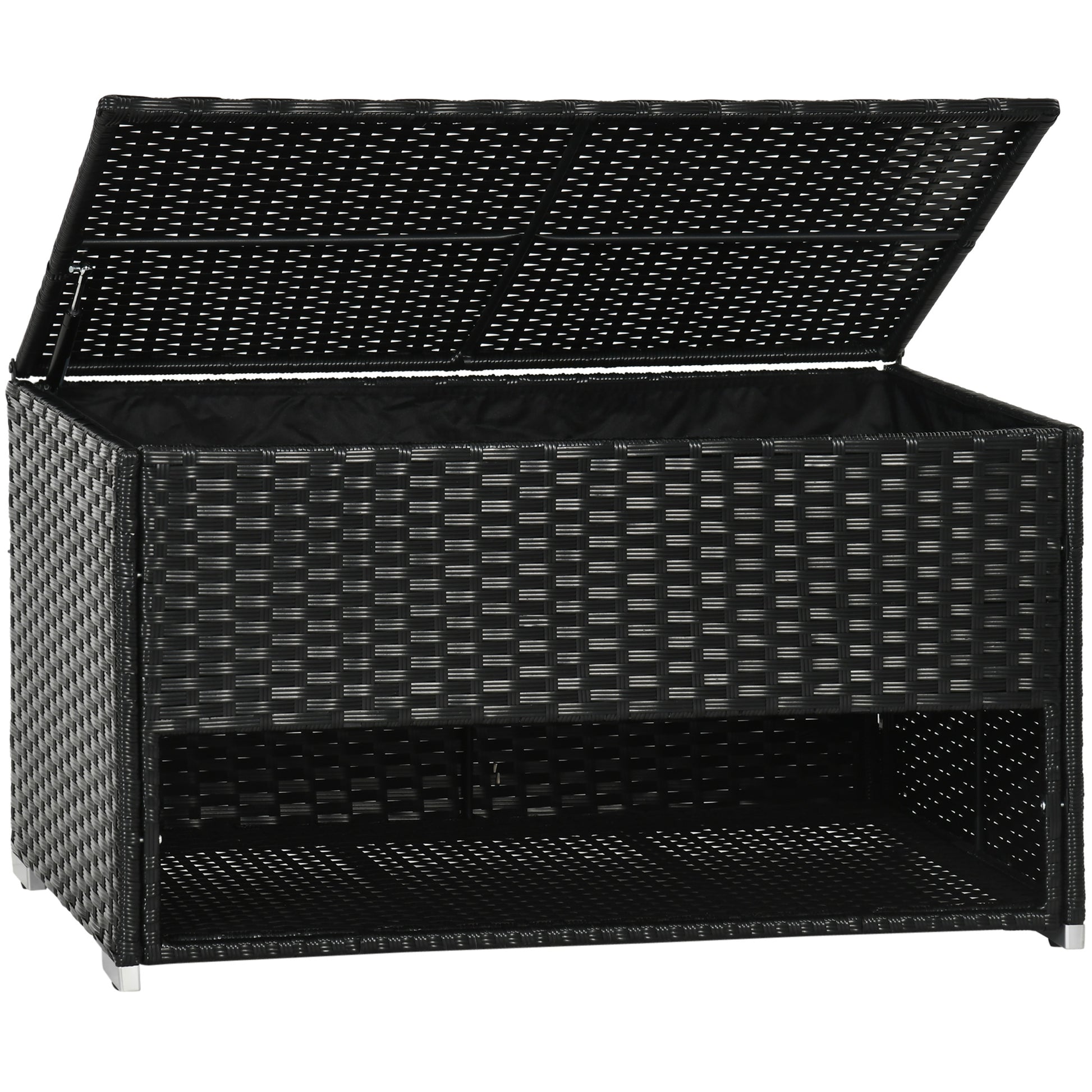 Outsunny Outdoor Deck Box & Shoe Storage, Pe Rattan Wicker Towel Rack With Liner For Indoor, Outdoor, Patio Furniture Cushions, Pool, Toys, Garden Tools, Black Black Steel