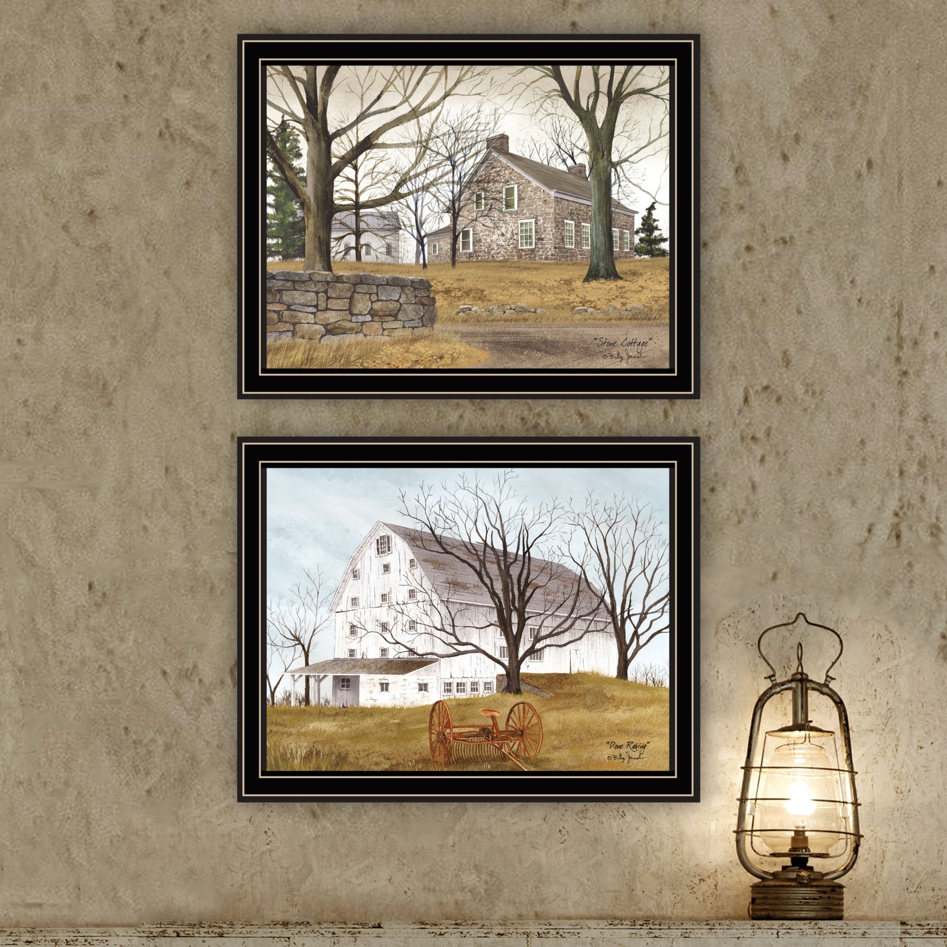 2 Piece Vignette Stone Cottage Farmhouse & White Wooden Barn With Hay Rake Black Framed Wall Art For Living Room, Bedroom Wall Art Print For Home Decor By Billy Jacobs Multicolor Wood Paper