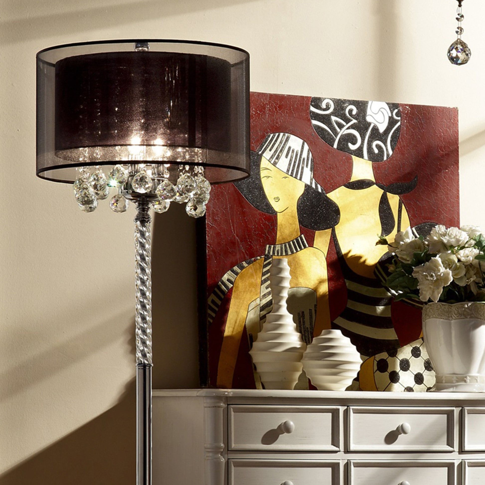 62.5" Tall Floor Lamp "Effleurer", Silver And Crystal Accents, Black Shade Multicolor Metal