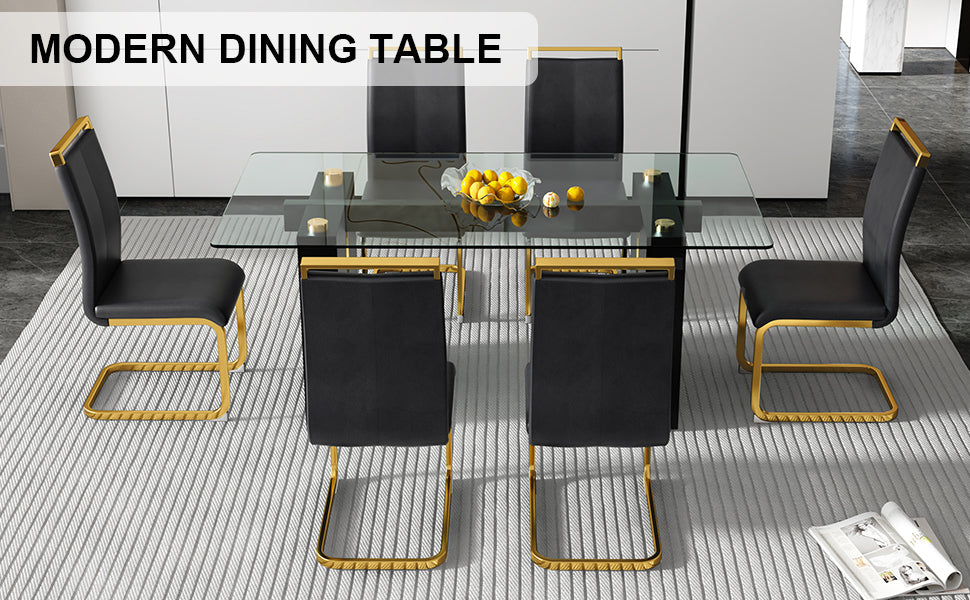 Table And Chair Set, Large Modern Minimalist Rectangular Glass Table, Can Accommodate 6 8 People, Equipped With Tempered Glass Tabletop And Large Mdf Table Legs, Comfortable And Minimalist Chairs. Transparent Glass