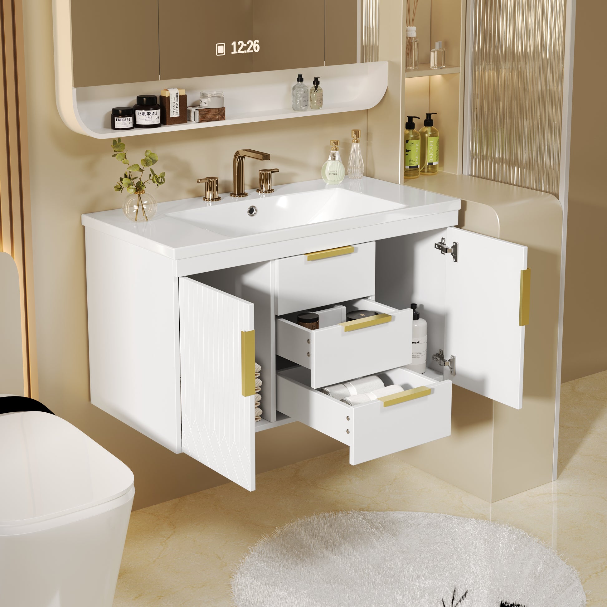 36'' Wall Mounted Bathroom Vanity With Resin Sink, Floating Bathroom Storage Cabinet With 2 Drawers, Solid Wood Bathroom Cabinet White Bathroom Modern Mdf