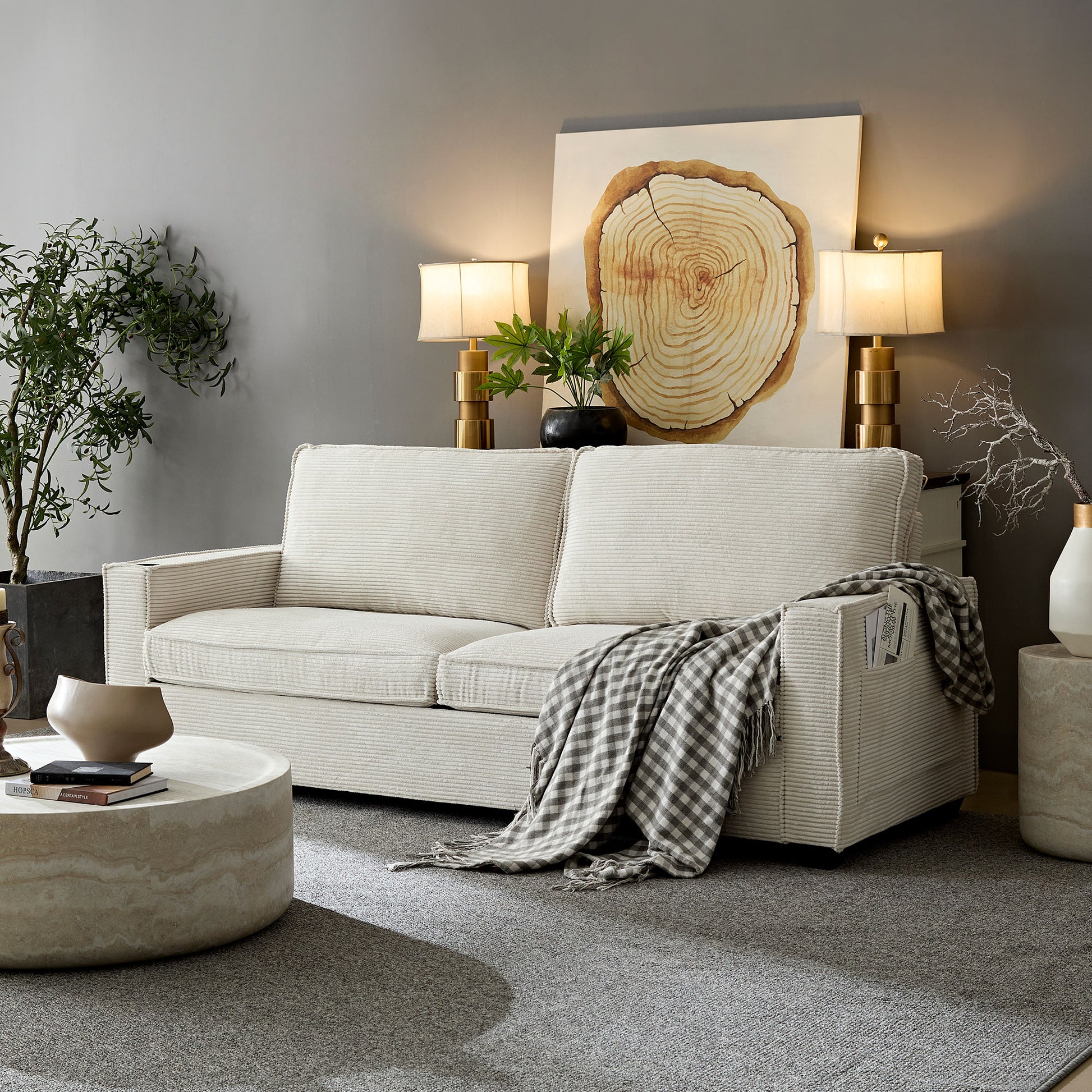 Corduroy Sofa, 87.4 Inch Modern Design Sofa With Cup Holder And Storage Bags, Deep Seat Sofa Couch,Comfy Couch For Living Room,Apartment,Office,Beige Beige Corduroy 3 Seat