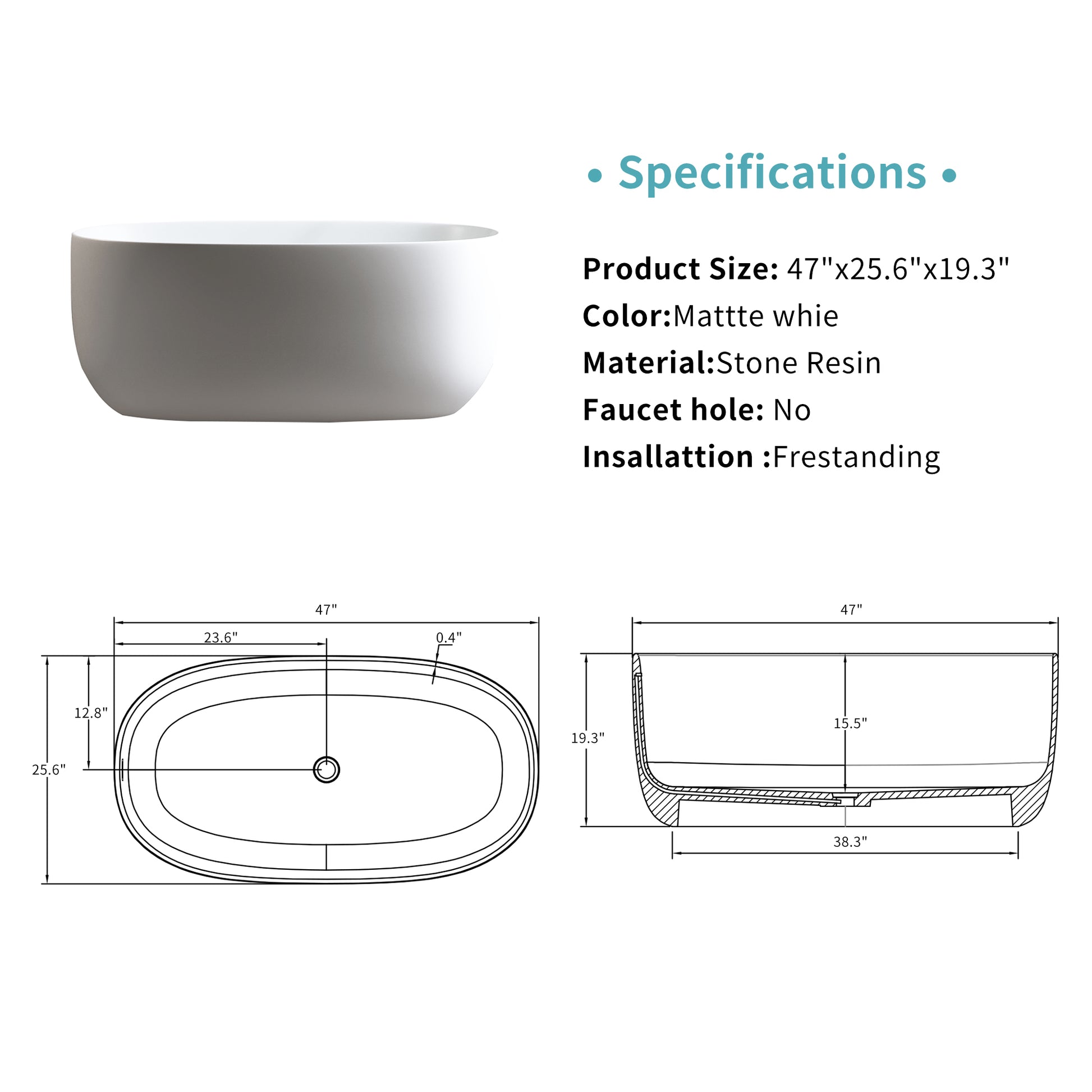 47'' Independent Solid Surface Resin Stone Bathtub, A Modern Designed Independent Bathtub With Pop Up Drainage And Overflowsuitable For Small Households Matte White Oval Bathroom Freestanding Tubs Matte Less Than 59 In Soaking Center Solid Surface