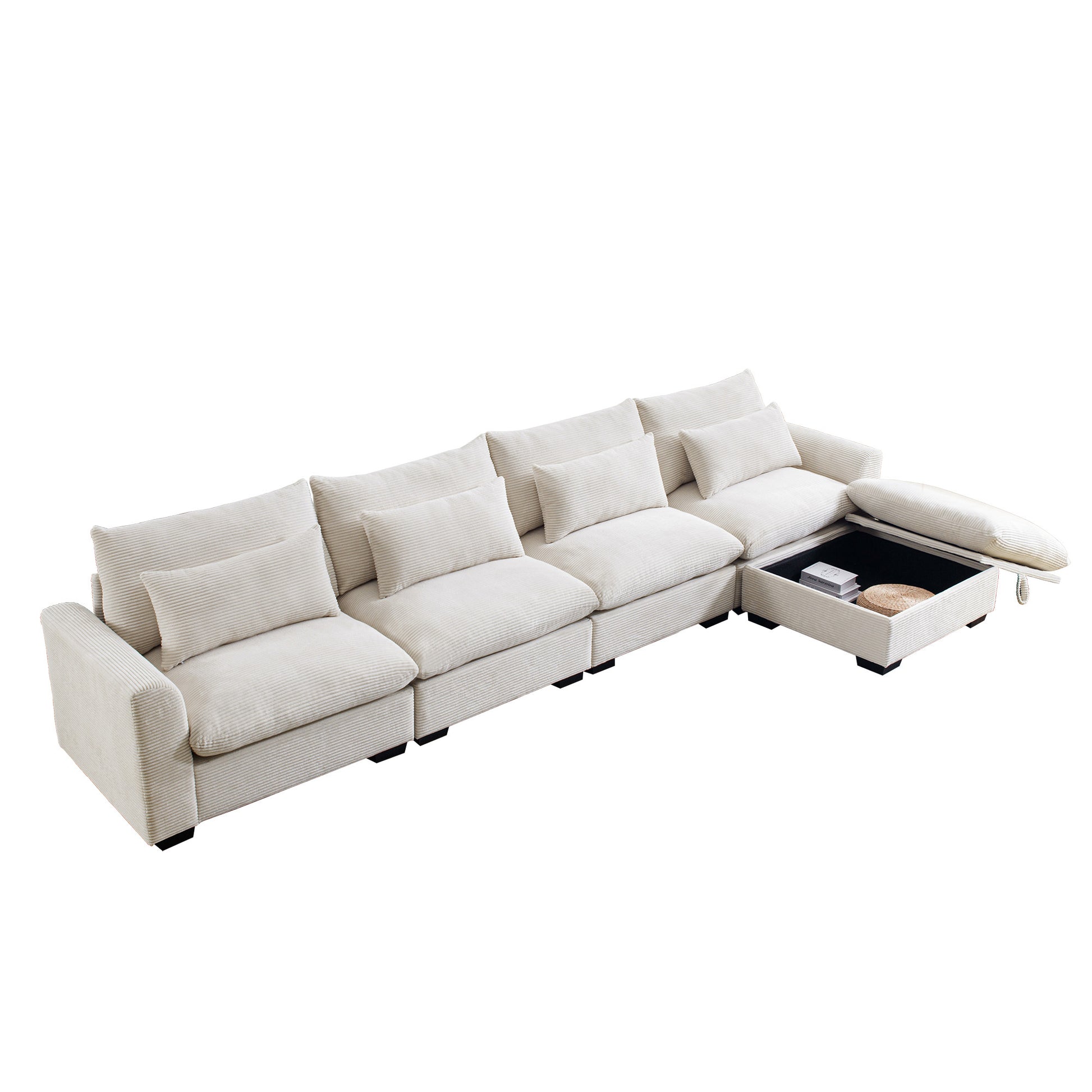 Large L Shape Sectional Corduroy Sofa,Deep Seat Couch With Storage Footstool And 4 Waist Pillows,Beige Beige Corduroy 4 Seat