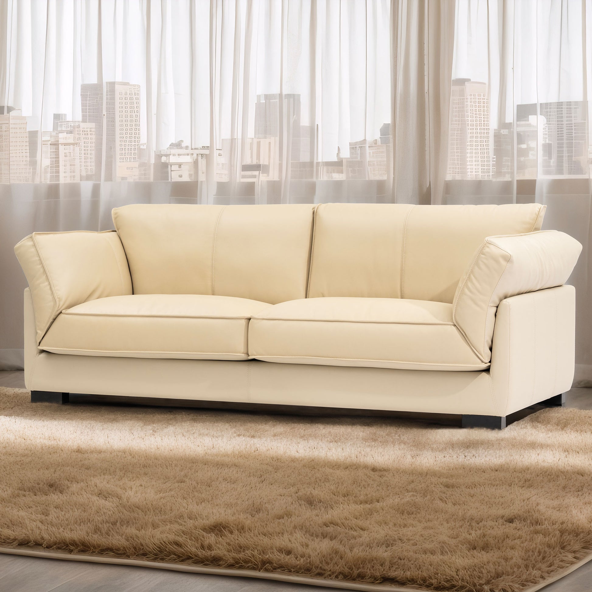 89.76 Inch Top Genuine Leather Sofa, 3 Seater Leather Couch, Mid Century Modern Couch For Living Room Bedroom Apartment Office, Beige Beige Genuine Leather 3 Seat