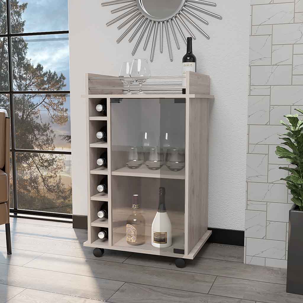 Vegas Bar Cart With 2 Tier Cabinet With Glass Door And 6 Cubbies For Liquor Light Gray Particle Board Engineered Wood