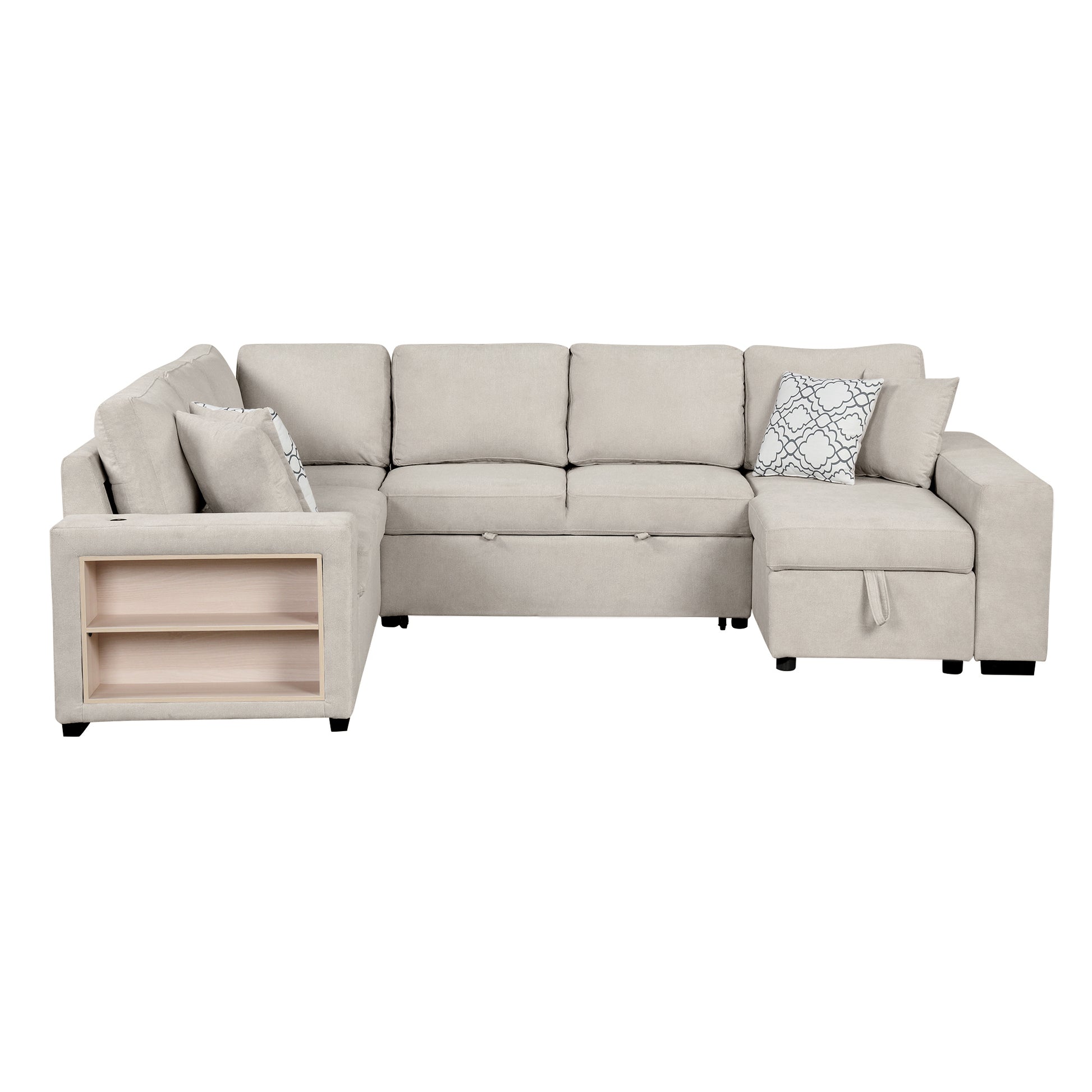 109" U Shaped Sectional Sofa Pull Out Sofa Bed With Two Usb Ports, A Storage Chaise Lounge And Four Back Pillows For Living Room, Beige Beige Foam Chenille 5 Seat