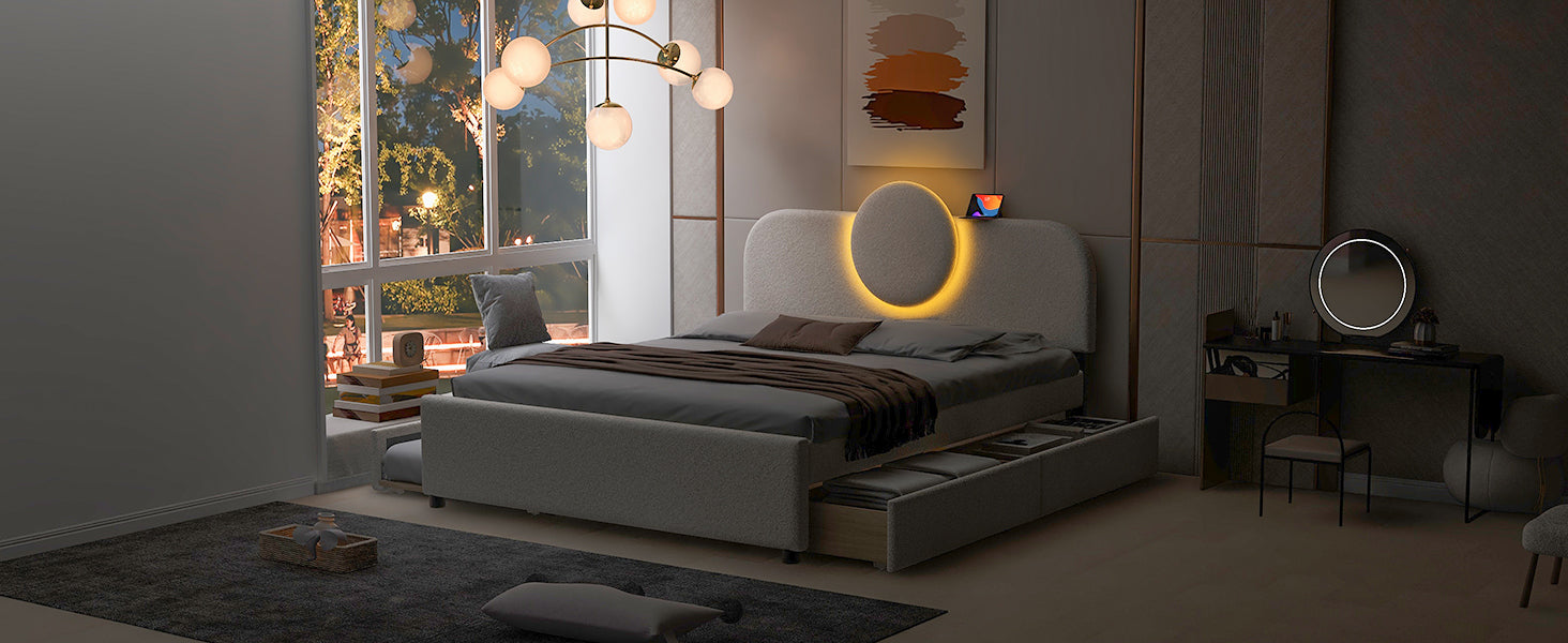 Queen Size Upholstered Platform Bed With Multi Functional Headboard, Trundle And 2 Drawers, White Box Spring Not Required Queen White Wood Bedroom Upholstered