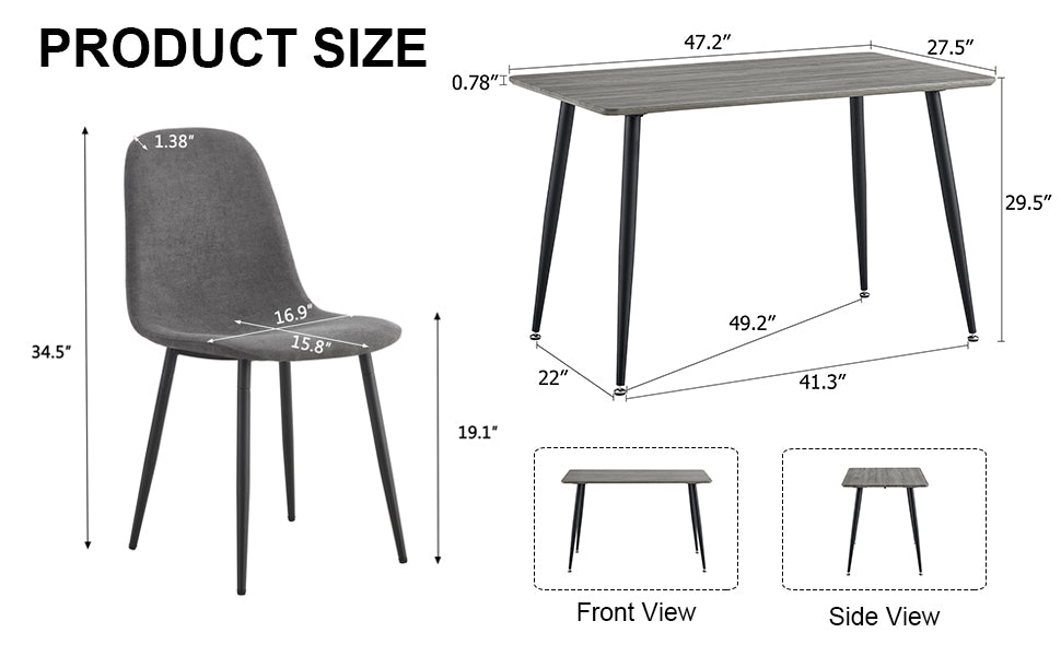 1 Table And 4 Chairs Set.Gray Wood Grain Table With Mdf Tabletop And Black Iron Legs.A Set Of 4 Modern Medieval Style Chairs, Equipped With Soft Cushions And Black Metal Legs.Dt 1226,B0501A Gray Mdf Metal