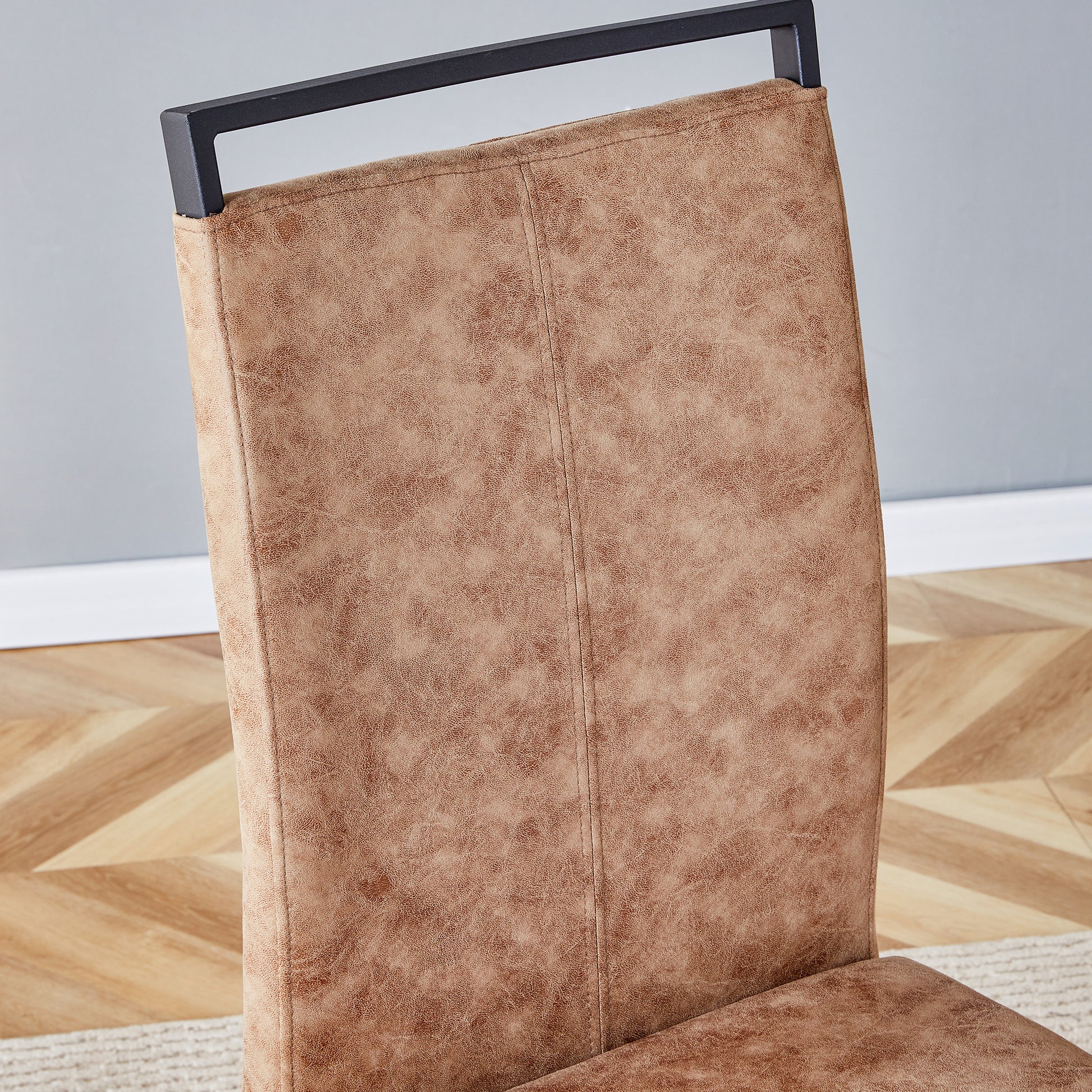 Table And Chair Set.Modern Dining Table, Tempered Glass Countertop With Artistic Mdf Legs.Paried With 6 Comfortable Chairs With Pu Seats And Metal Legs. Suitable For Various Decoration Styles. Black Brown,Transparent Seats 6 Mdf Metal