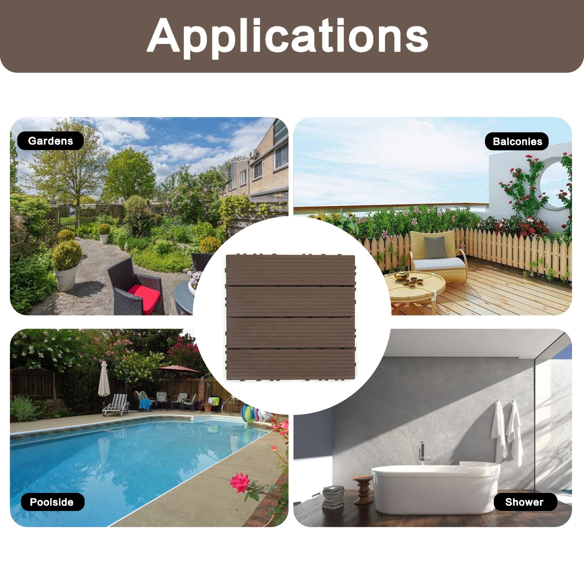 Plastic Interlocking Deck Tiles,44 Pack Patio Deck Tiles,12"X12" Square Waterproof Outdoor All Weather Use, Patio Decking Tiles For Poolside Balcony Backyard, Brown Brown Polypropylene