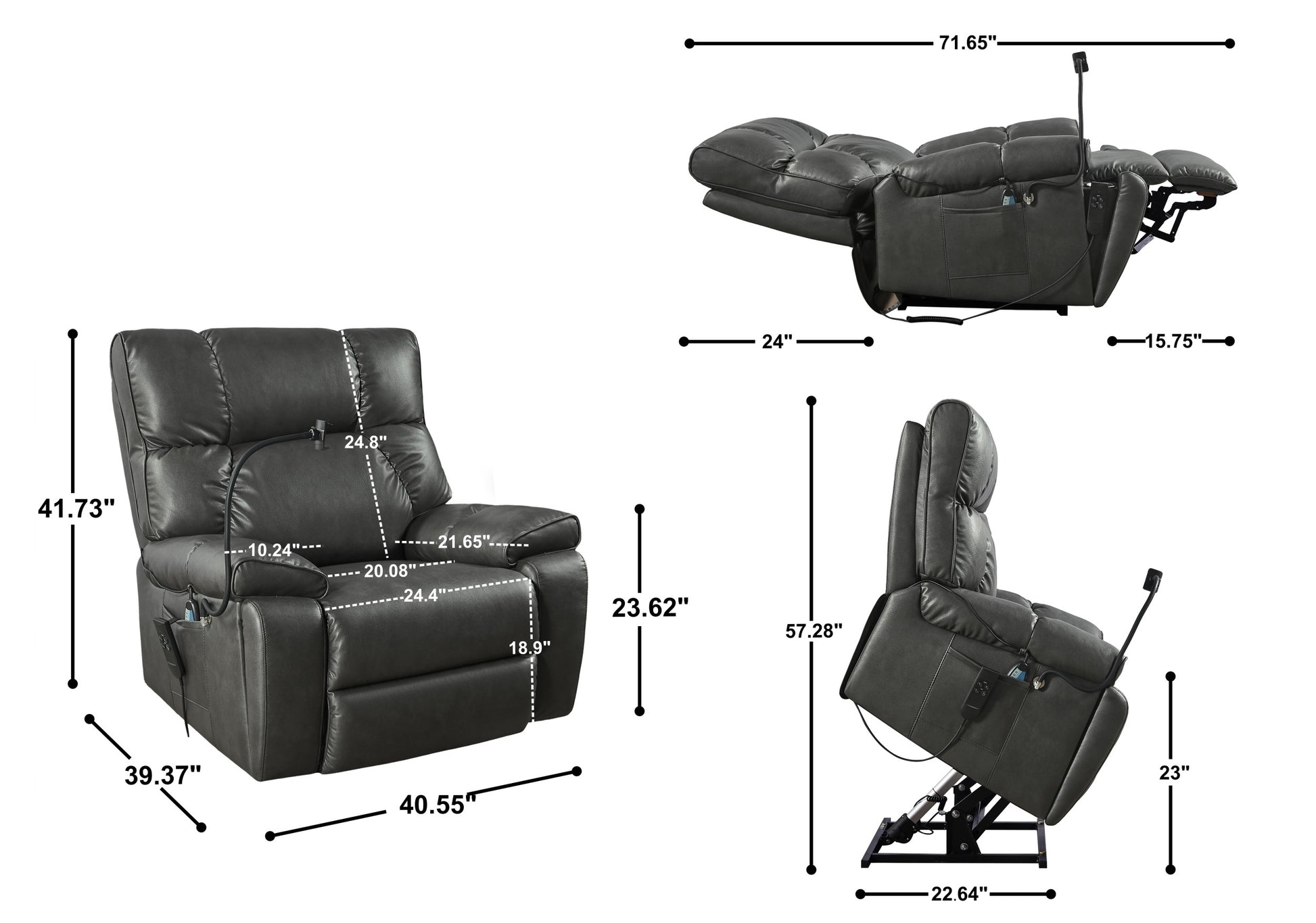 Recliner Chair With Phone Holder,Electric Power Lift Recliner Chair With 2 Motors Massage And Heat For Elderly, 3 Positions, 2 Side Pockets, Cup Holders Gray Foam Bonded Leather