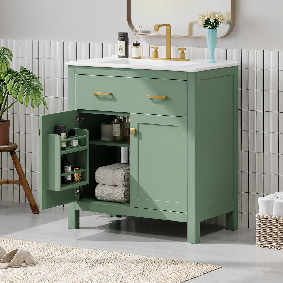 30 Inch Bathroom Vanity With Ceramic Sink, Modern Green Single Bathroom Cabinet With 2 Doors And A Shelf, Soft Close Doors Green Bathroom Solid Wood Mdf