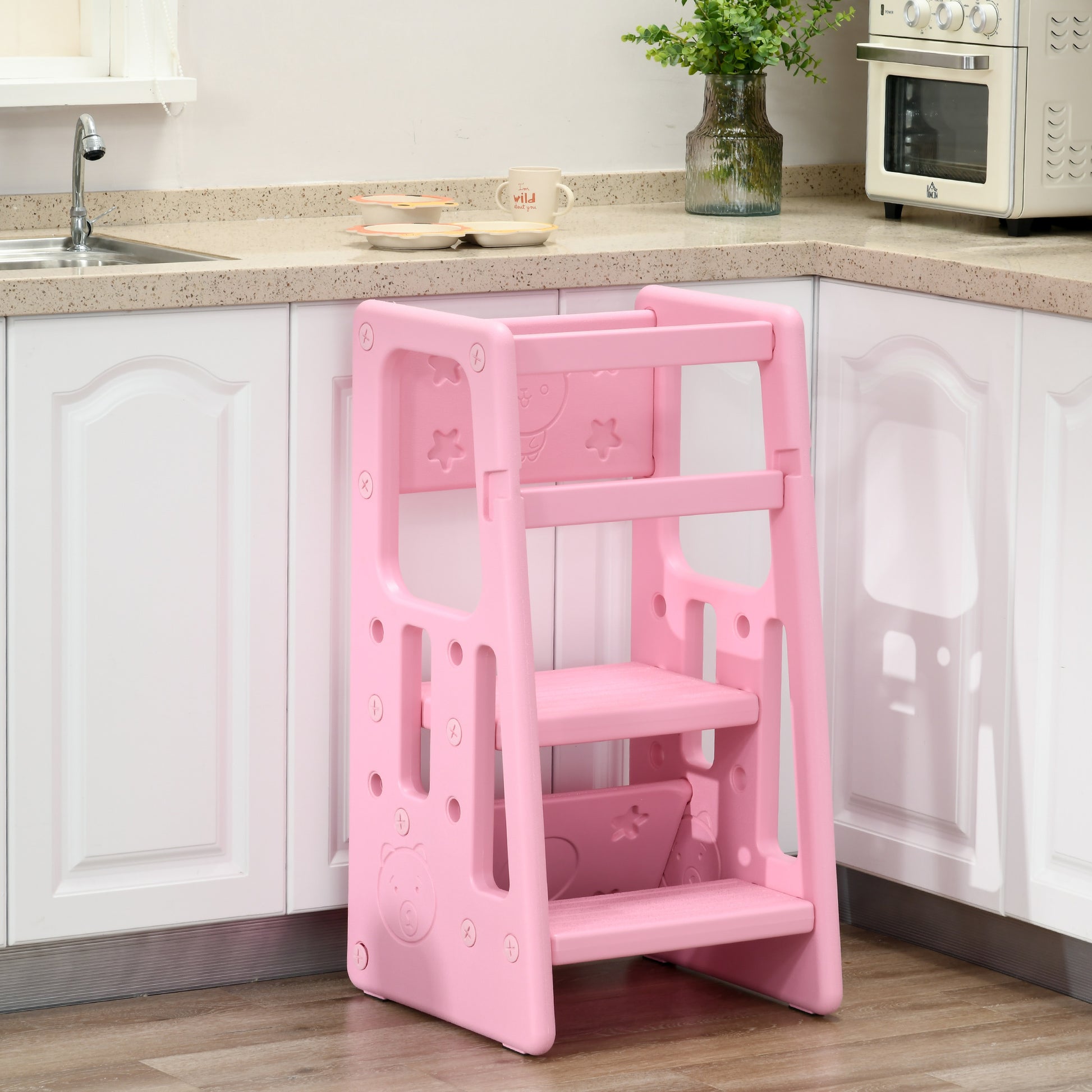 Qaba Toddler Tower With Adjustable Height, Toddler Kitchen Stool Helper With Anti Slip Mat, Step Stool For Kitchen, Bathroom, Pink Pink Hdpe