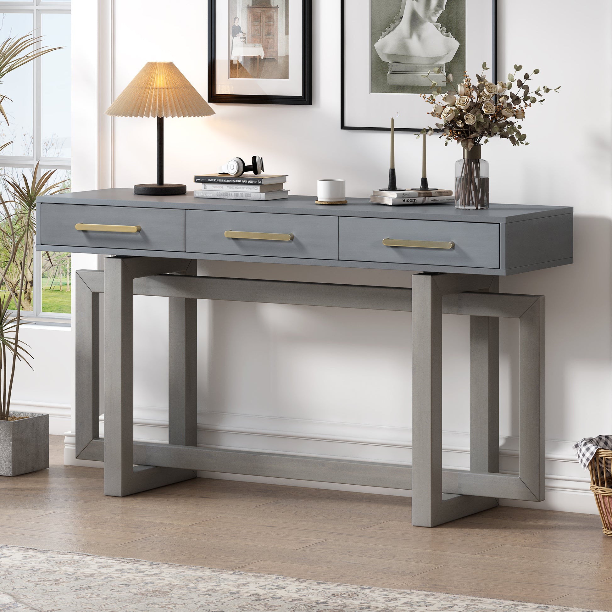 Elegant Console Table With Three Drawers, Extra Long Entryway Table For Entryway, Hallway, Living Room, Foyer, Corridor Antique Gray Primary Living Space Artsy Drawers Mdf