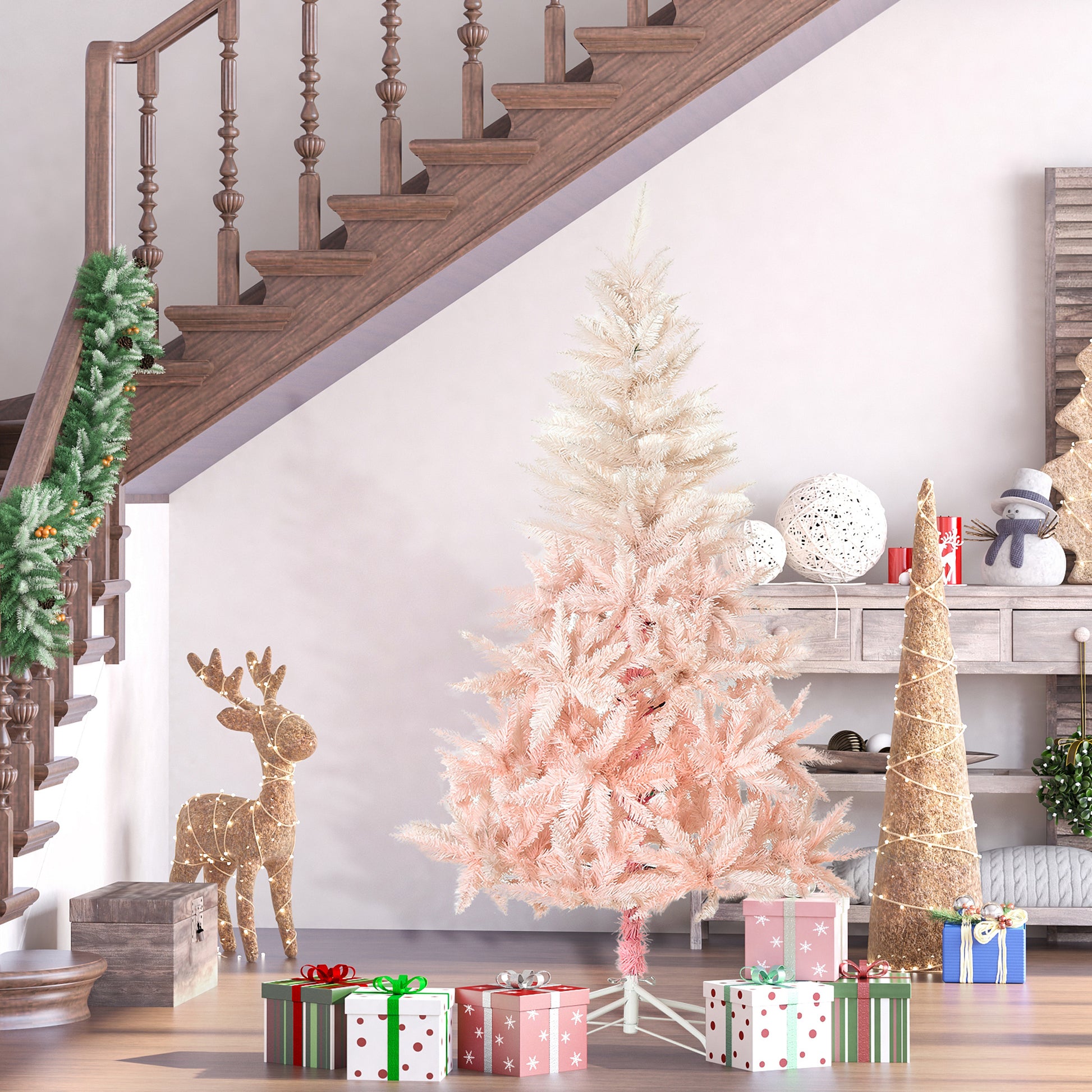 Homcom 6Ft Unlit Spruce Artificial Christmas Tree With Realistic Branches And 800 Tips, Pink Pink Plastic