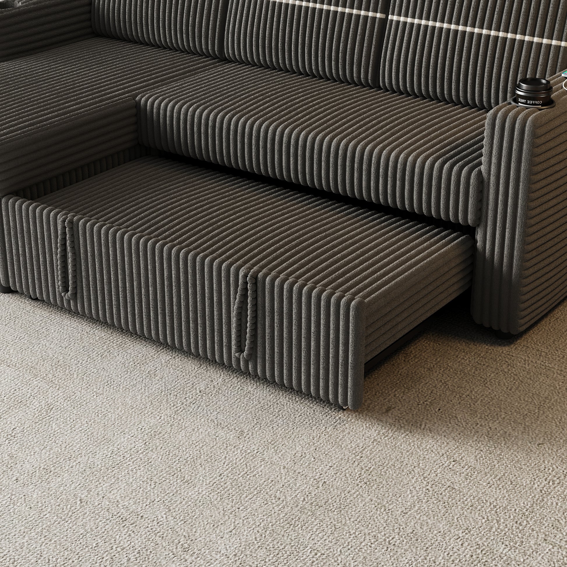85 Inches Corduroy Sofa Bed, 3 Seater Sleeper Sofa With Storage Chaise, Square Handrail With Two Cup Holder And Usb Charge Port, Pull Out Couch For Living Room Dark Grey Corduroy 3 Seat