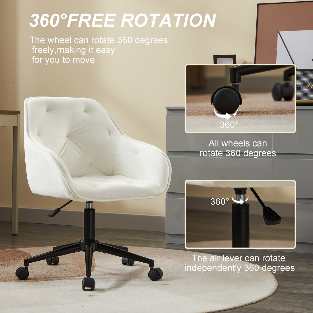 Elegent Velvet Office Chair With Wheels, Makeup Vanity Chair Height Adjustable For Teens Women Girls, Comfy Swivel Modern Leisure Armchair For Home Office, Bedroom, Study And Vanity. Beige Beige Primary Living Space Luxury,Modern Foam Iron