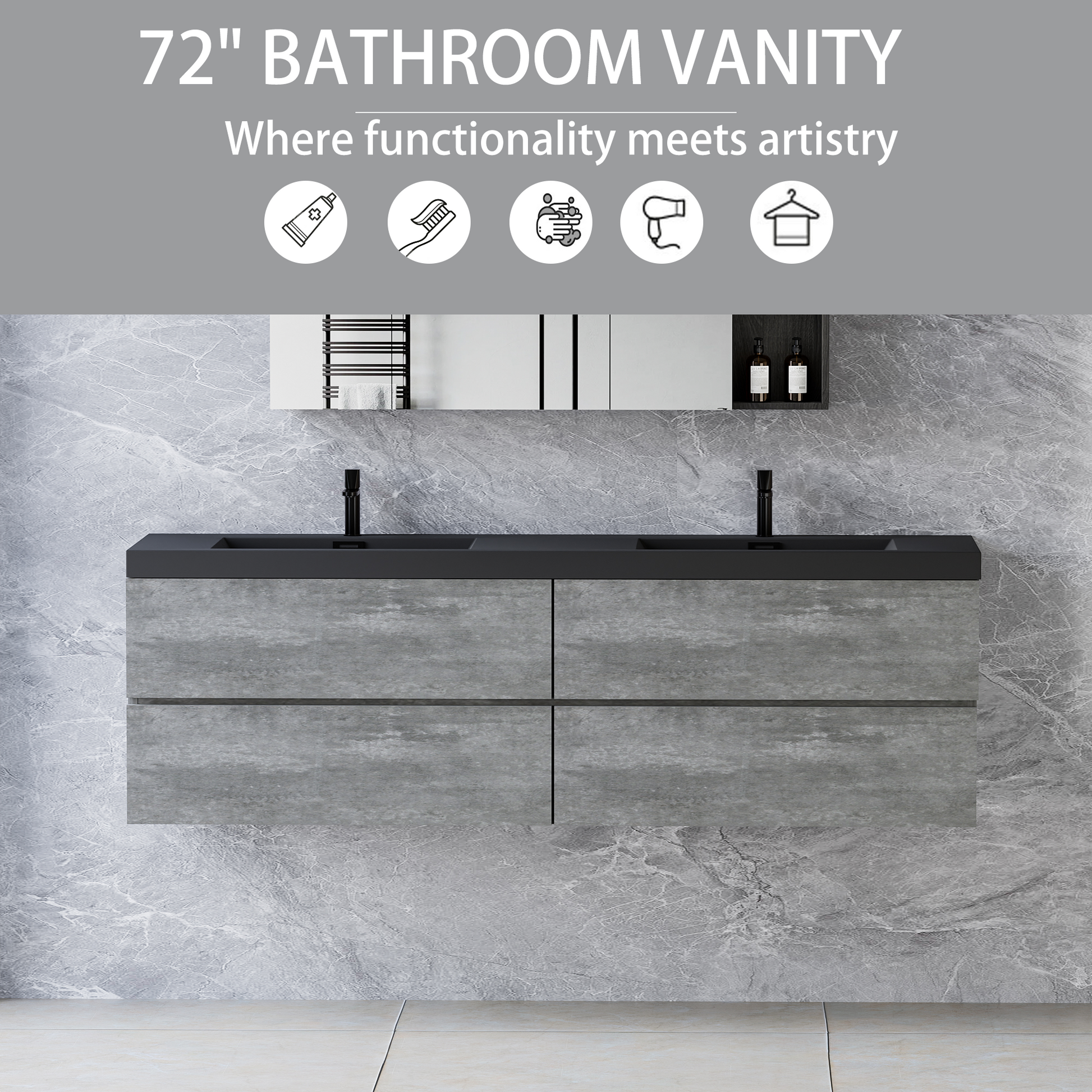 72" Floating Bathroom Vanity With Sink, Modern Wall Mounted Bathroom Storage Vanity Cabinet With Two Black Quartz Sand Top Basins And Four Soft Close Drawers, 24V12 72Gr Grey Grey Plywood