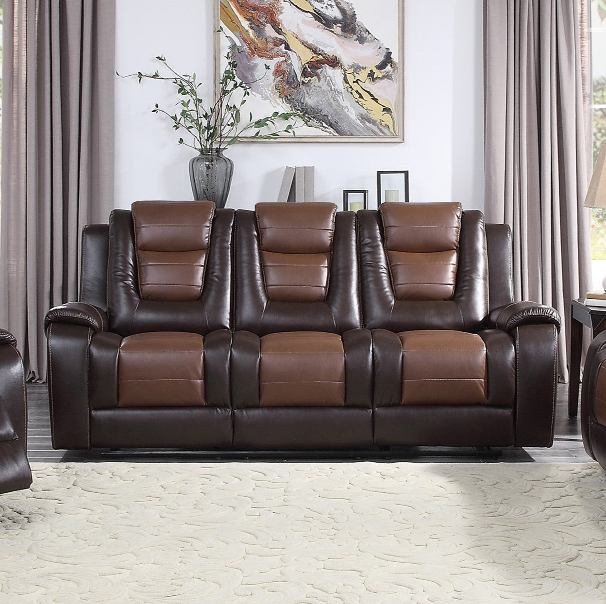 Modern Luxury Sofa Dual Reclining With Center Drop Down Cup Holders 1Pc Formal Living Room Furniture Premium Faux Leather Upholstery Comfortable Two Tone Brown Finish Dark Brown,Light Brown Faux Leather Wood Primary Living Space Luxury,Modern