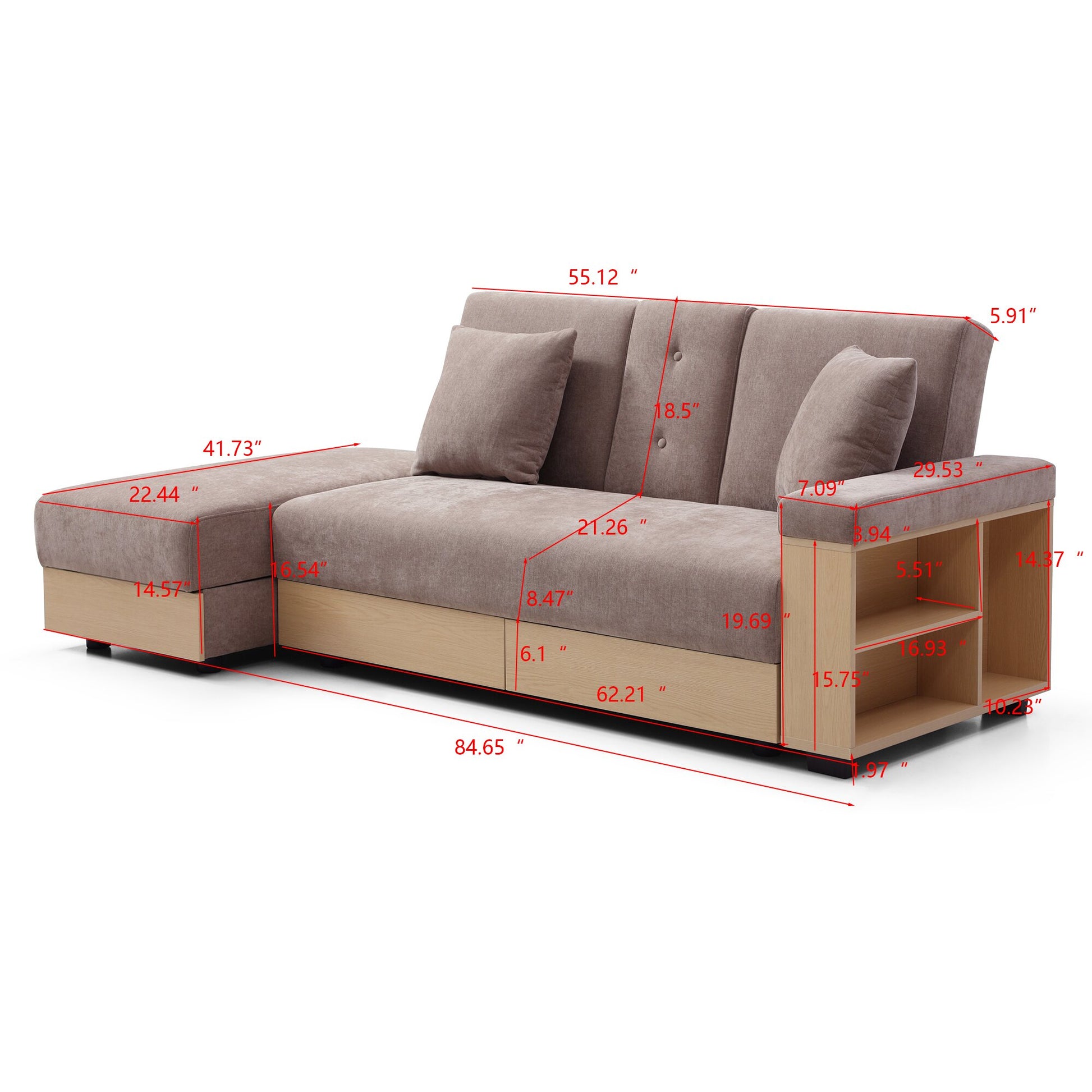 Convertible Sleeper Sofa Couch,Multifunctional Double Folding Sofa Bed,Storage Ottoman And Sofa Arm With Box And Drawer, Drop Down Table With 2Cup Holders For Living Room,Apartment,Office,Light Brown Light Brown Linen Wood Primary Living Space Modern