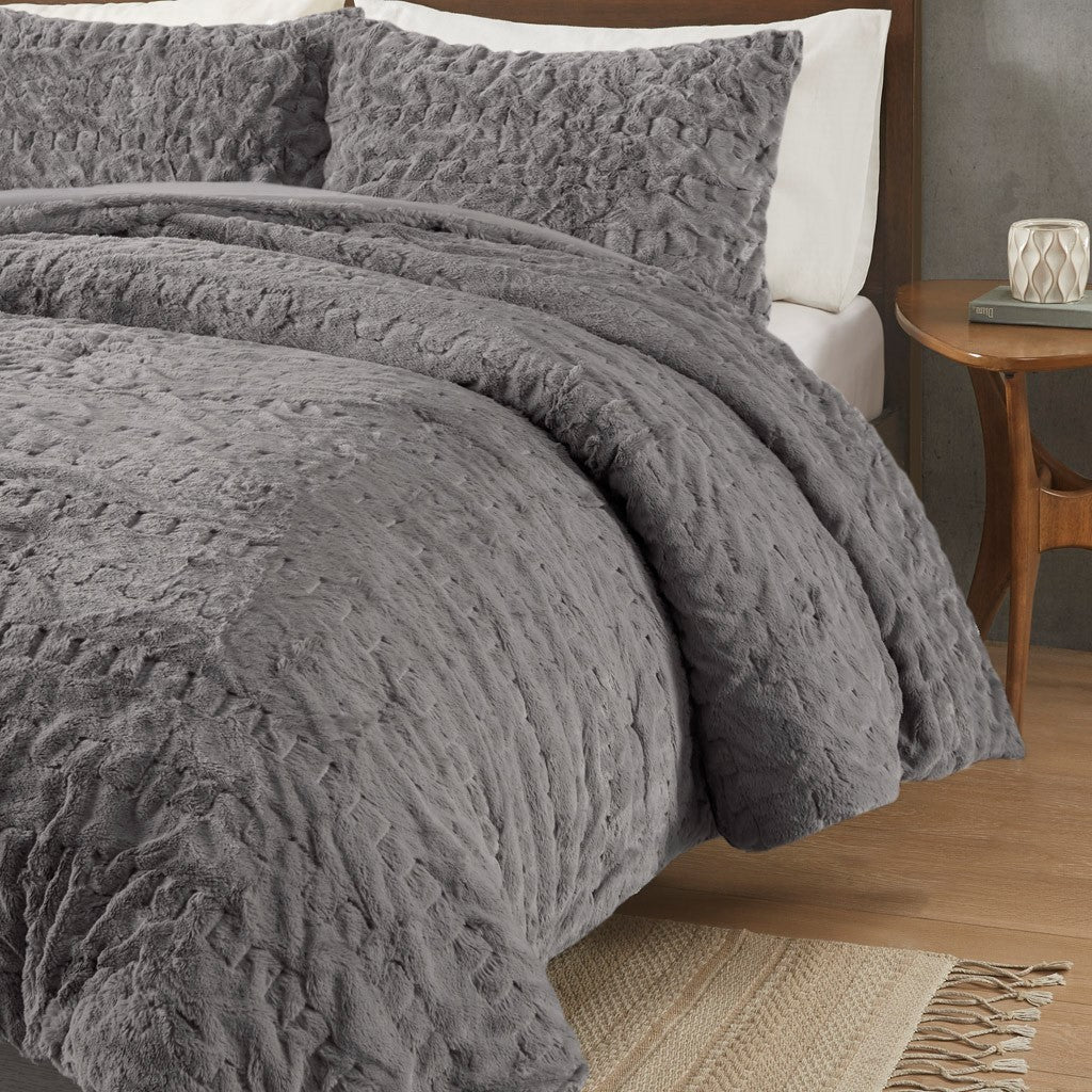 Ruched Fur Down Alternative Comforter Set Queen Grey Polyester