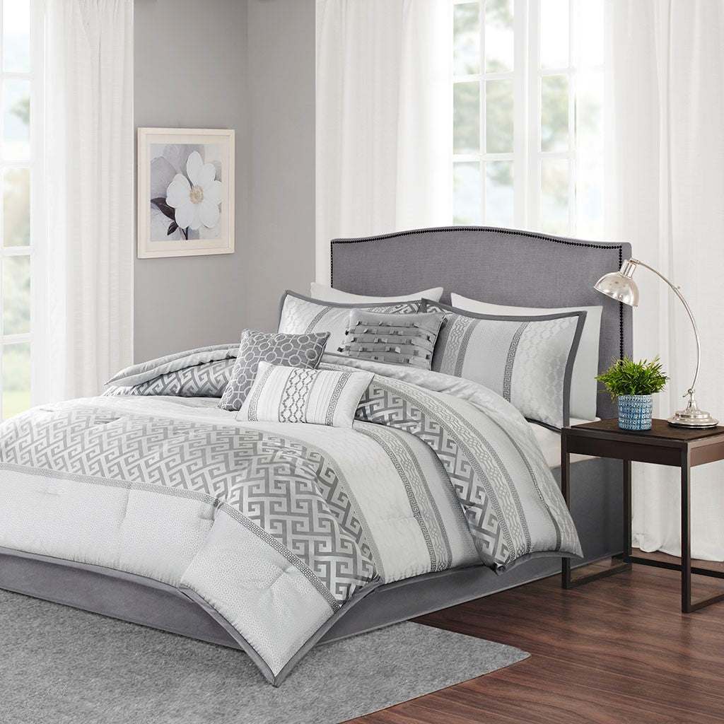 7 Piece Comforter Set Grey Queen Queen Grey Polyester