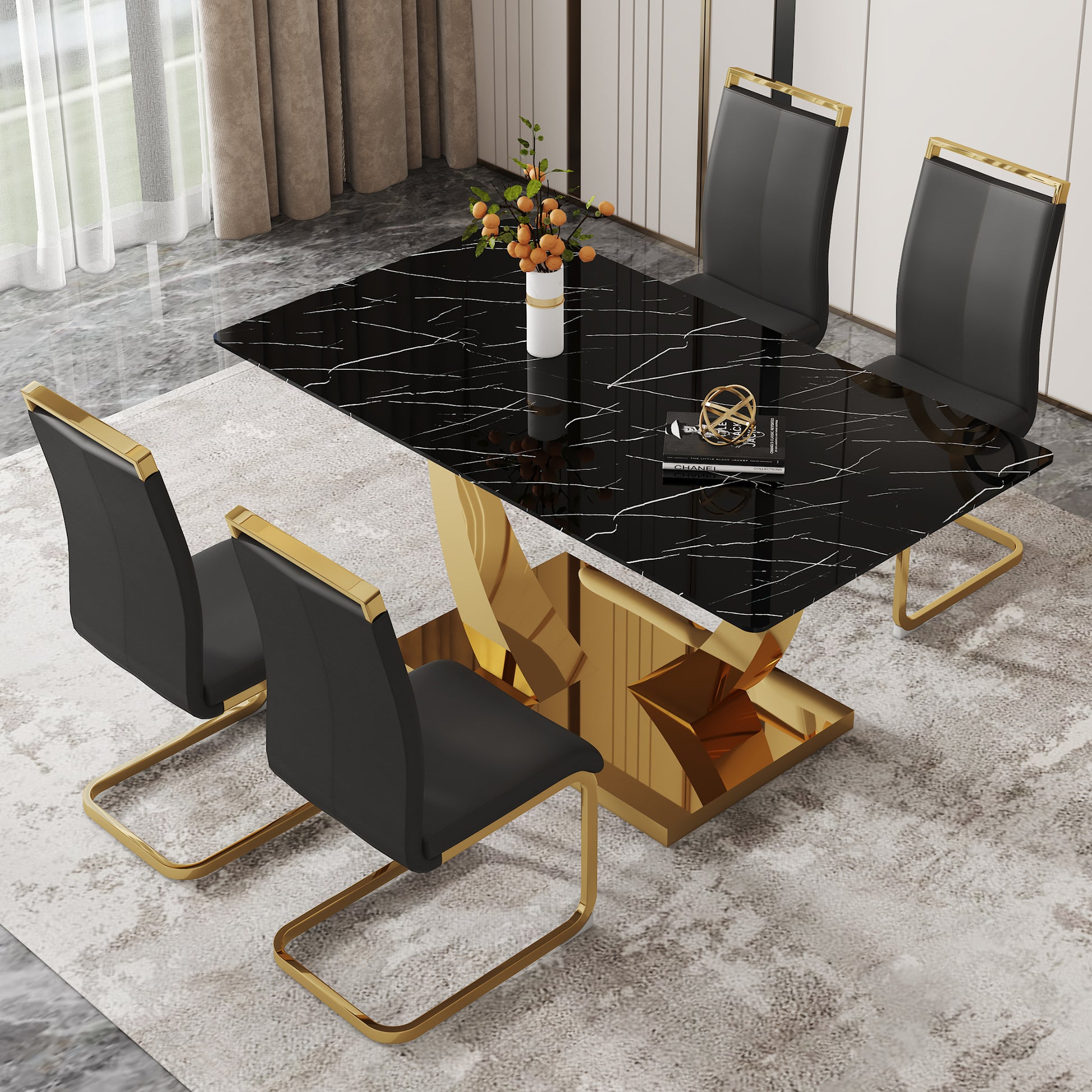 Table And Chair Set.Modern Rectangular Dining Table With Black Textured Stickers Glass Tabletop And Gold Plated Metal Legs.Paried With 4 Comfortable Chairs With Pu Seats And Golden Metal Legs. Black