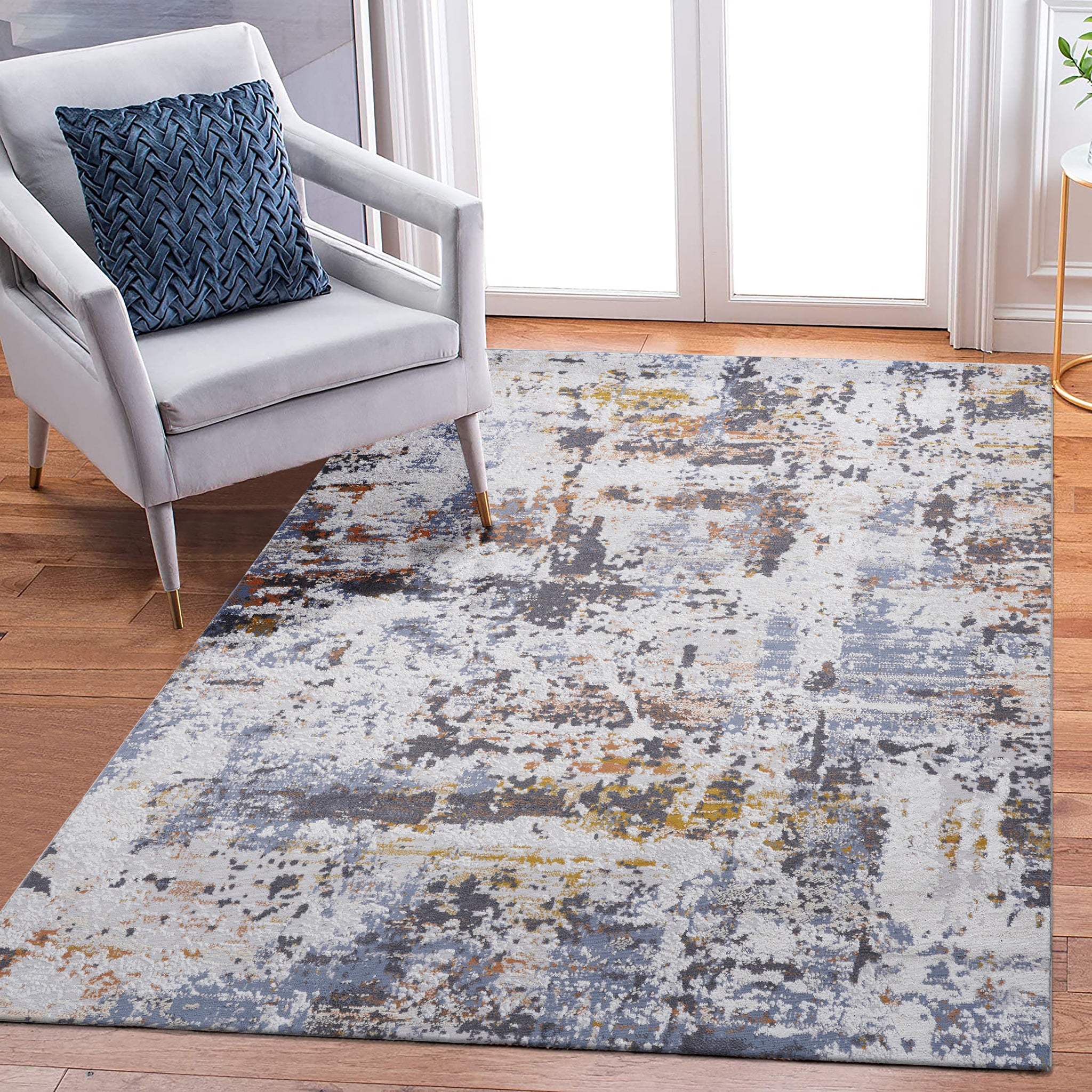 5X7 Ivory Blue Abstract Non Shedding Living Room Bedroom Dining Home Office Stylish And Stain Resistant Area Rug Ivory Navy Polyester