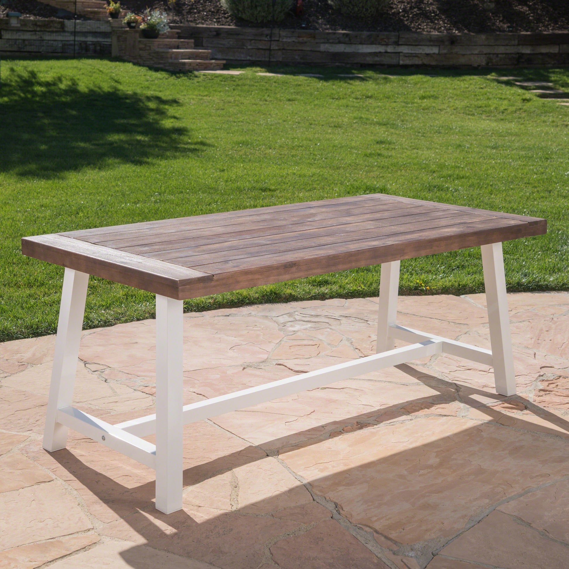 Outdoor Dark Brown Sandblast Finish Acacia Wood Dining Table With White Rustic Metal Finish Frame Brown White Acacia Wood