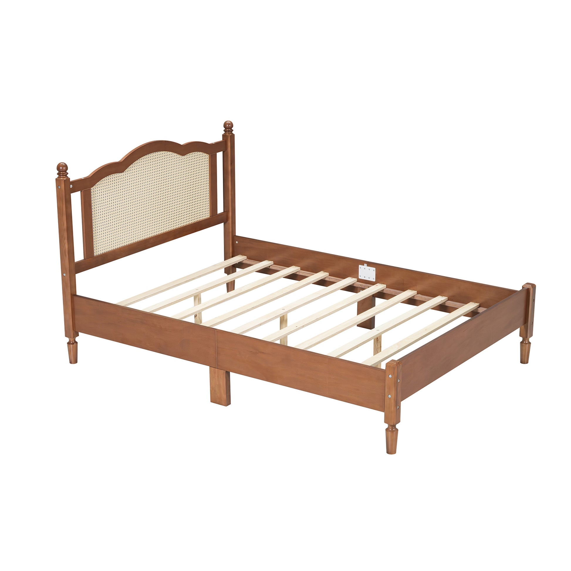 Full Size Wooden Platform Bed With Natural Rattan Headboard, Vintage Bed Frame With Wooden Slat Support, Walnut Box Spring Not Required Full Walnut Wood