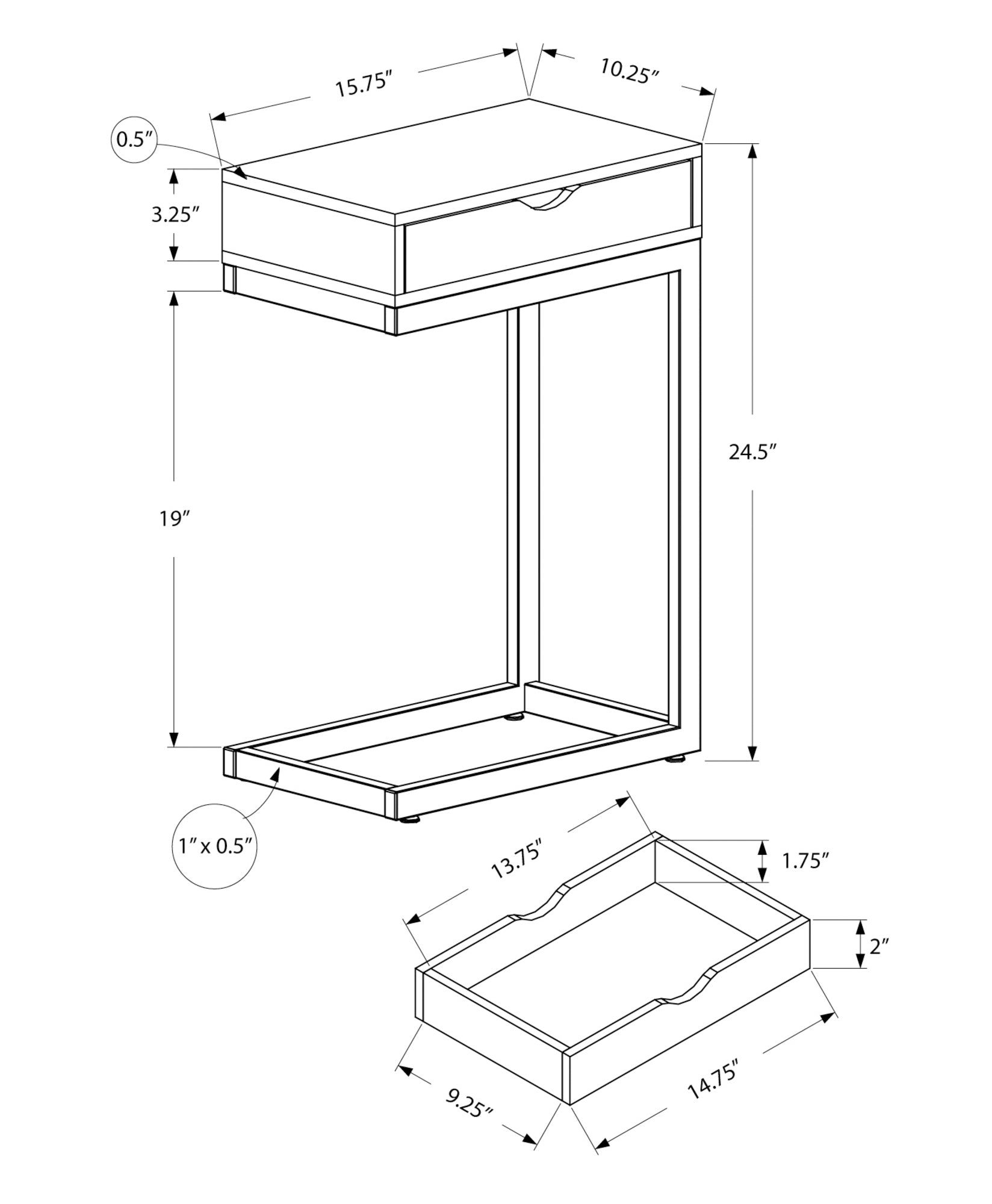 Accent Table, C Shaped, End, Side, Snack, Storage Drawer, Living Room, Bedroom, Brown Laminate, Black Metal, Contemporary, Modern Espresso Particle Board