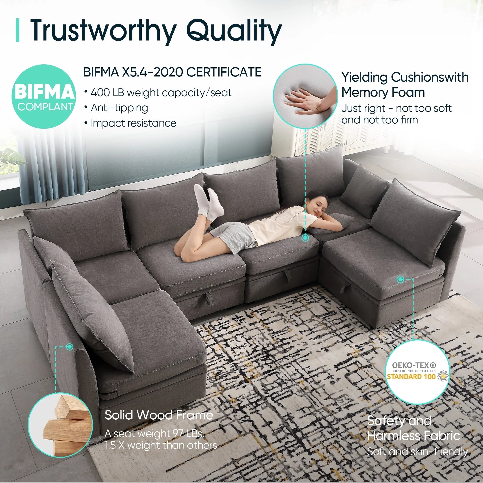 Modular Couches And Sofas Sectional With Storage Sectional Sofa U Shaped Sectional Couch With Reversible Chaises, Grey Gray Wood Soft Heavy Duty Linen 4 Seat