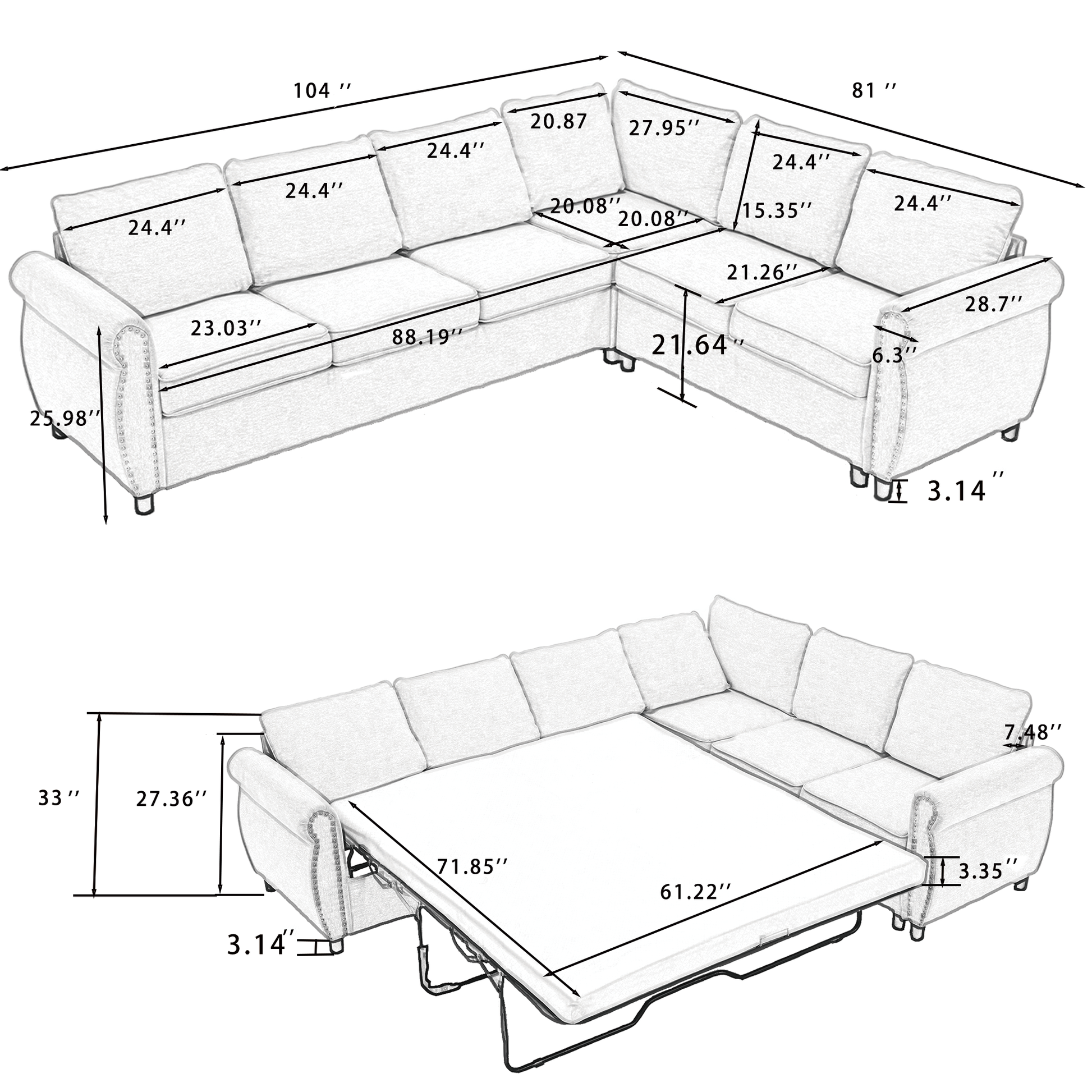 Arrived Sleeper Sofa, 2 In 1 Pull Out Couch Bed,6 Seater Sofa Bed, L Shaped Sleeper Sectional Sofa Couch,Riveted Sofa,104'' Large Combined Sofa Bed In Living Room, Beige Beige Polyester Wood Primary Living Space Medium Soft Cushion Back Modern Polyester