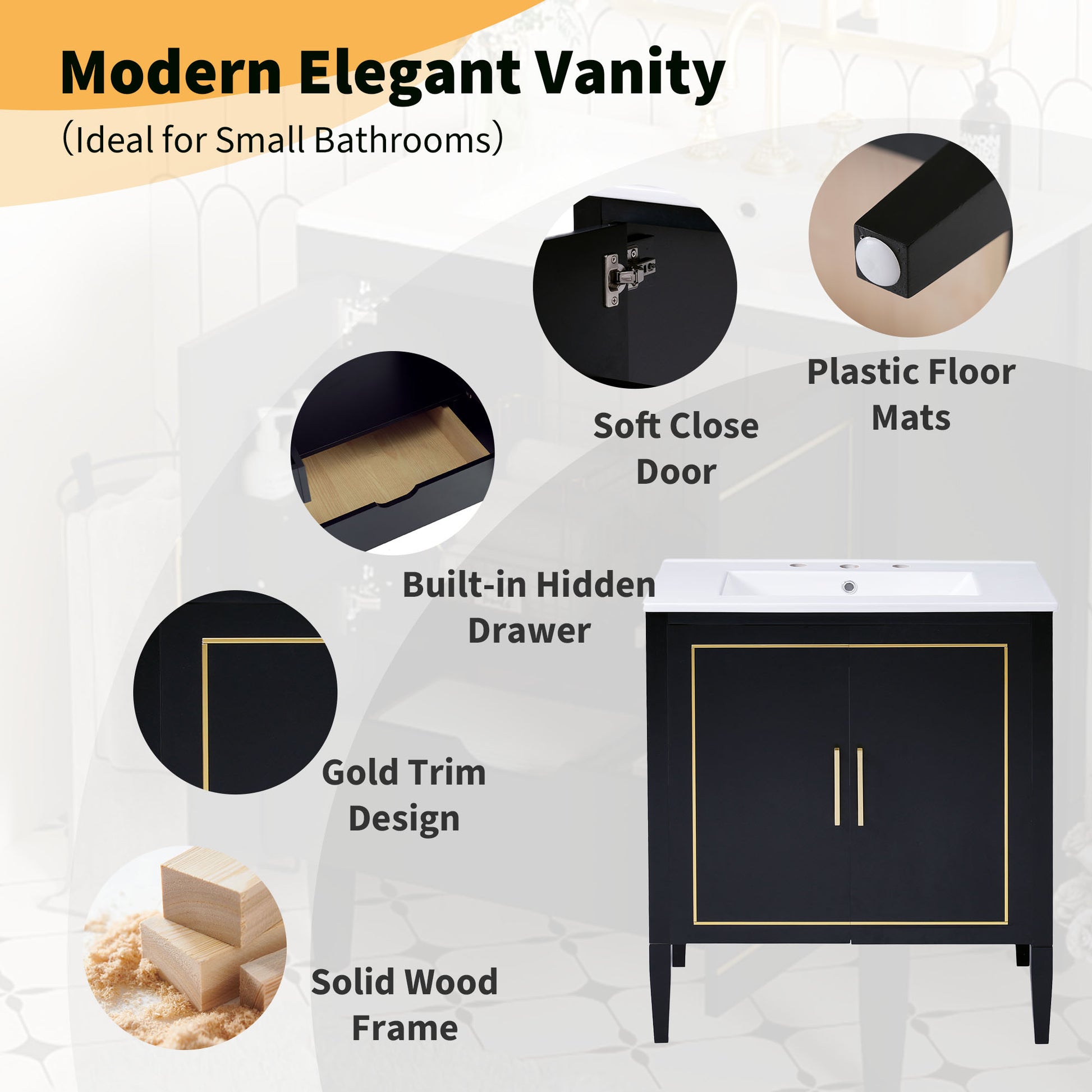 30 Inch Bathroom Vanity With Ceramic Basin, Soft Close Door, Built In Hidden Drawer Black Bathroom Solid Wood Mdf
