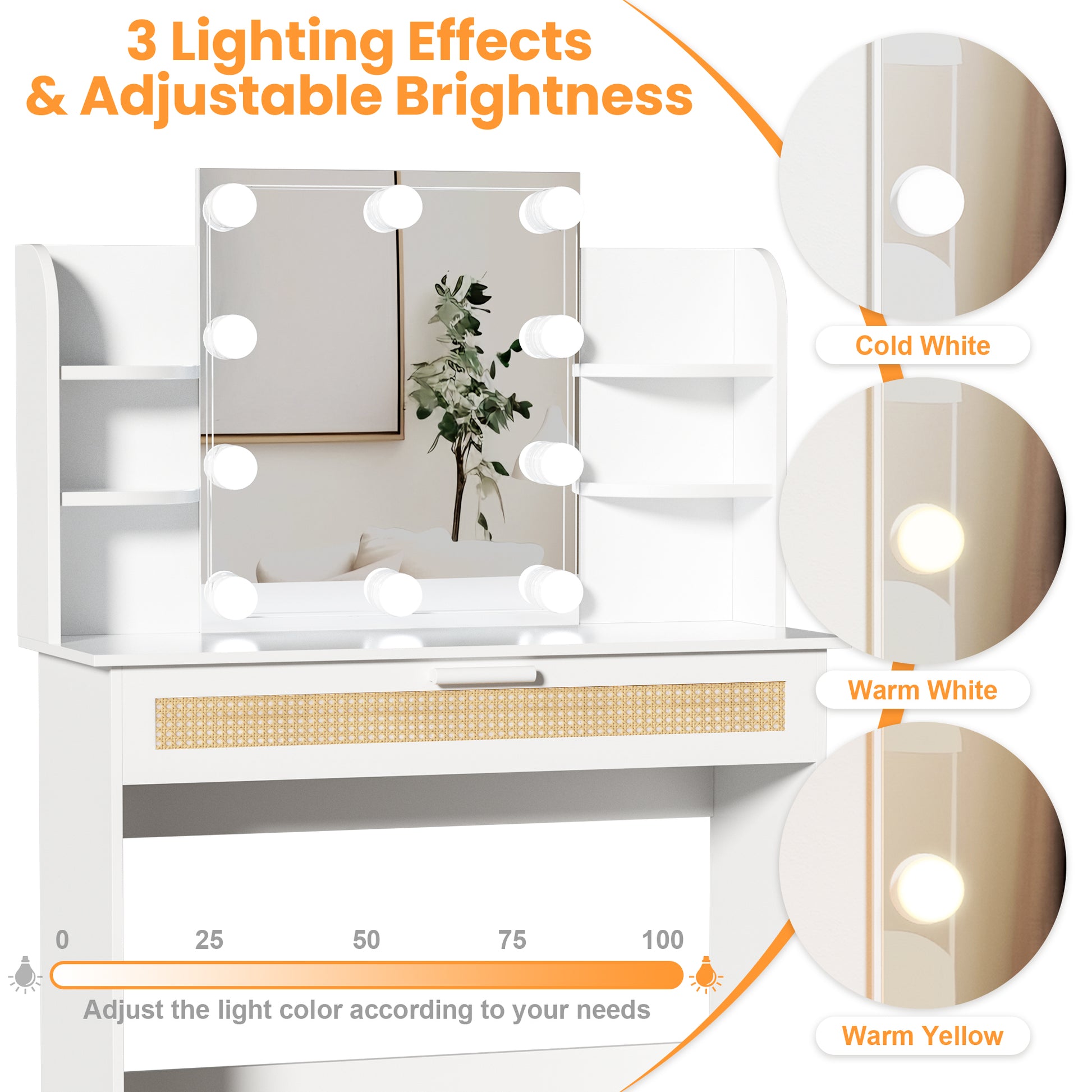 Vanity Desk Set Stool & Dressing Table With Led Lighting Mirror Drawer And Compartments Modern Wood Cosmetic Table Chest Of Drawers White Color Gloss White White 1 Drawer Bedroom Wood