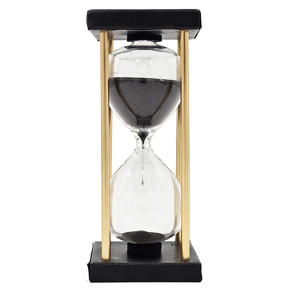 3X3X7" Stanley 15 Minute Hourglass, Framed With An Metal Stand, Black Black Glass Metal,Mdf,Pu Leather