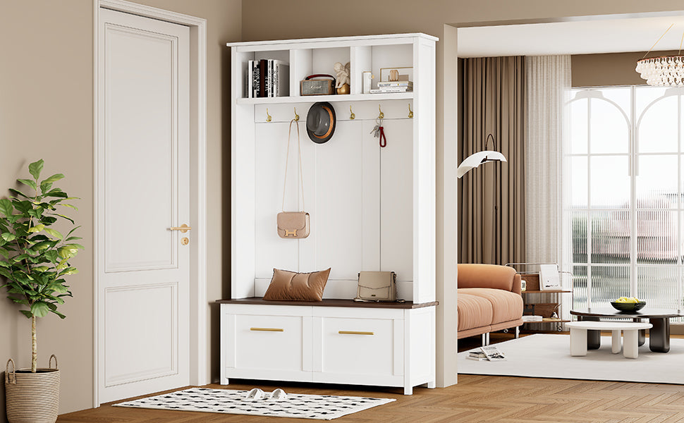 Versatile 4 In 1 Hall Tree With 6 Golden Hooks, Brown Wood Grain Bench With Multiple Storage Space, Entryway Coat Rack With 2 Drawers For Living Room, Hallway, White, 47.2''W*76.6''H White Primary